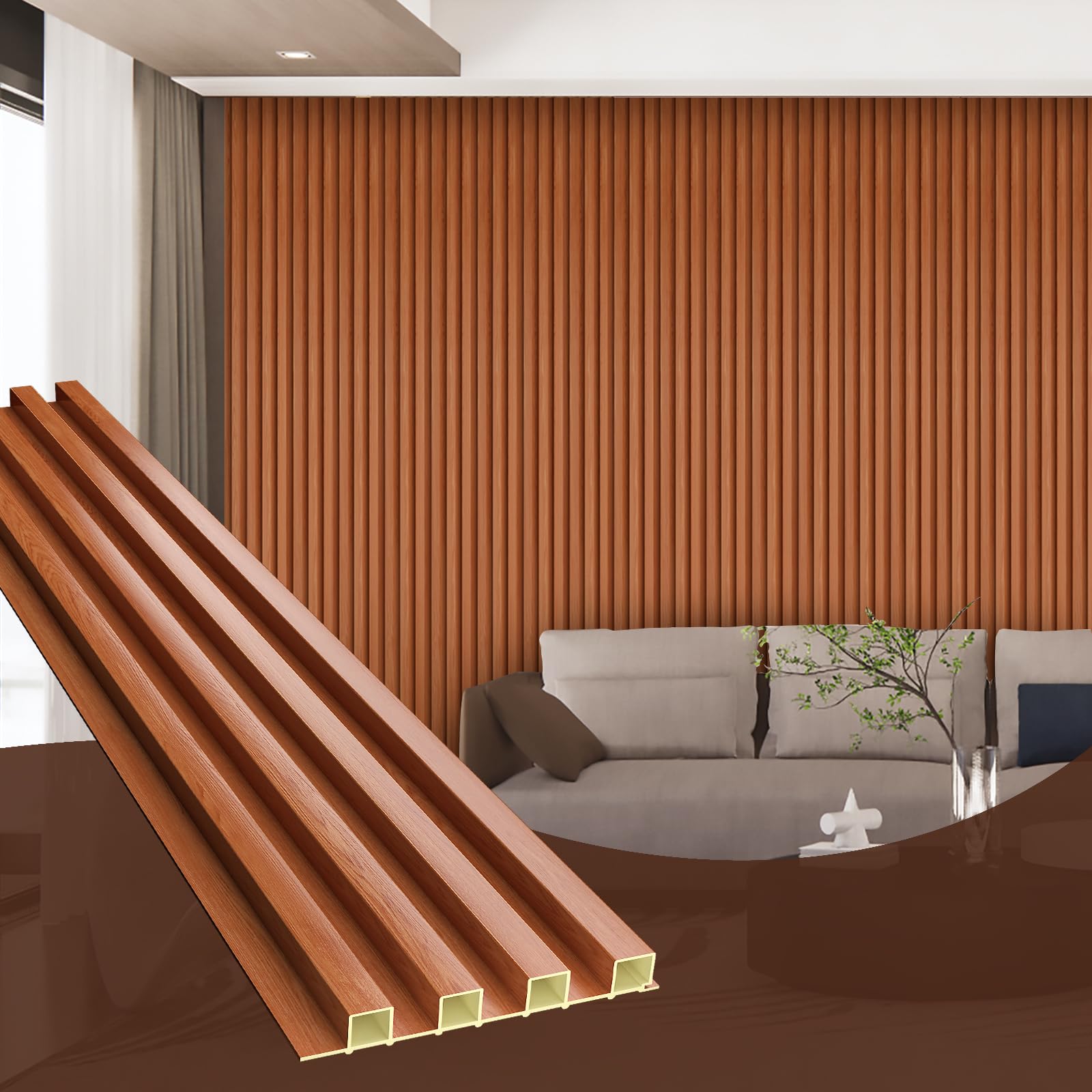 OUZUGIE WPC Acoustic Slat Wall Paneling, 8-Pack 96 x 6 Inches 3D Wall Panels for Interior Wall Decor,Living Room,TV Background,Study Room,Office Spaces,Bedroom,High Grille (Teak)