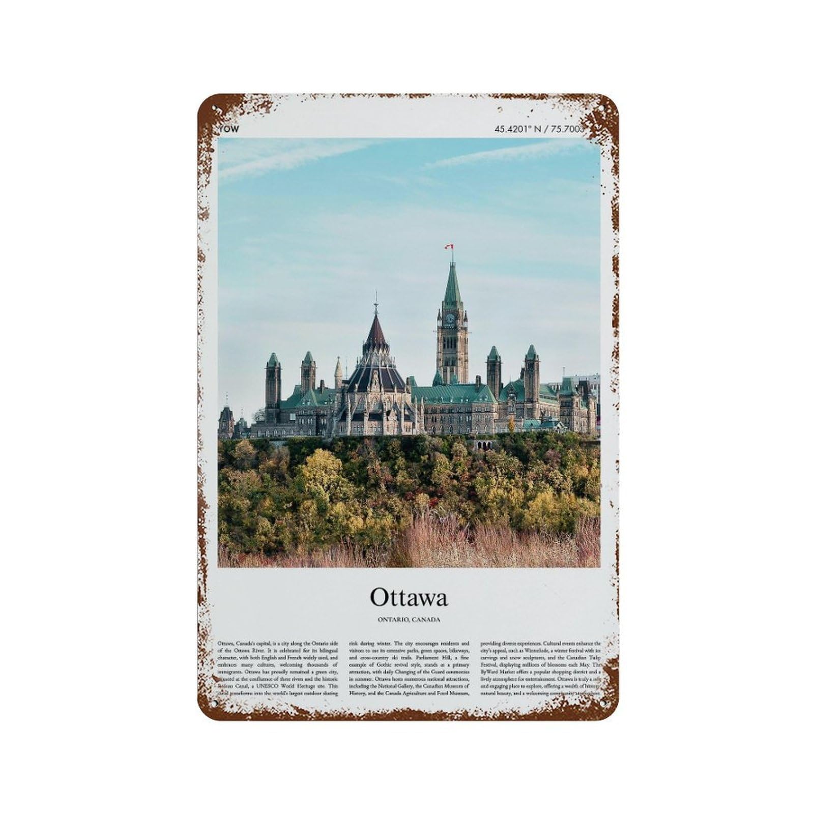 xiaoxiaoshen Ottawa Ontario, Canada City Scenery Wall Decor Art Metal Tin Poster Modern Home Decor Art Home Bar Shop Decorations Vintage Sign 30x20cm