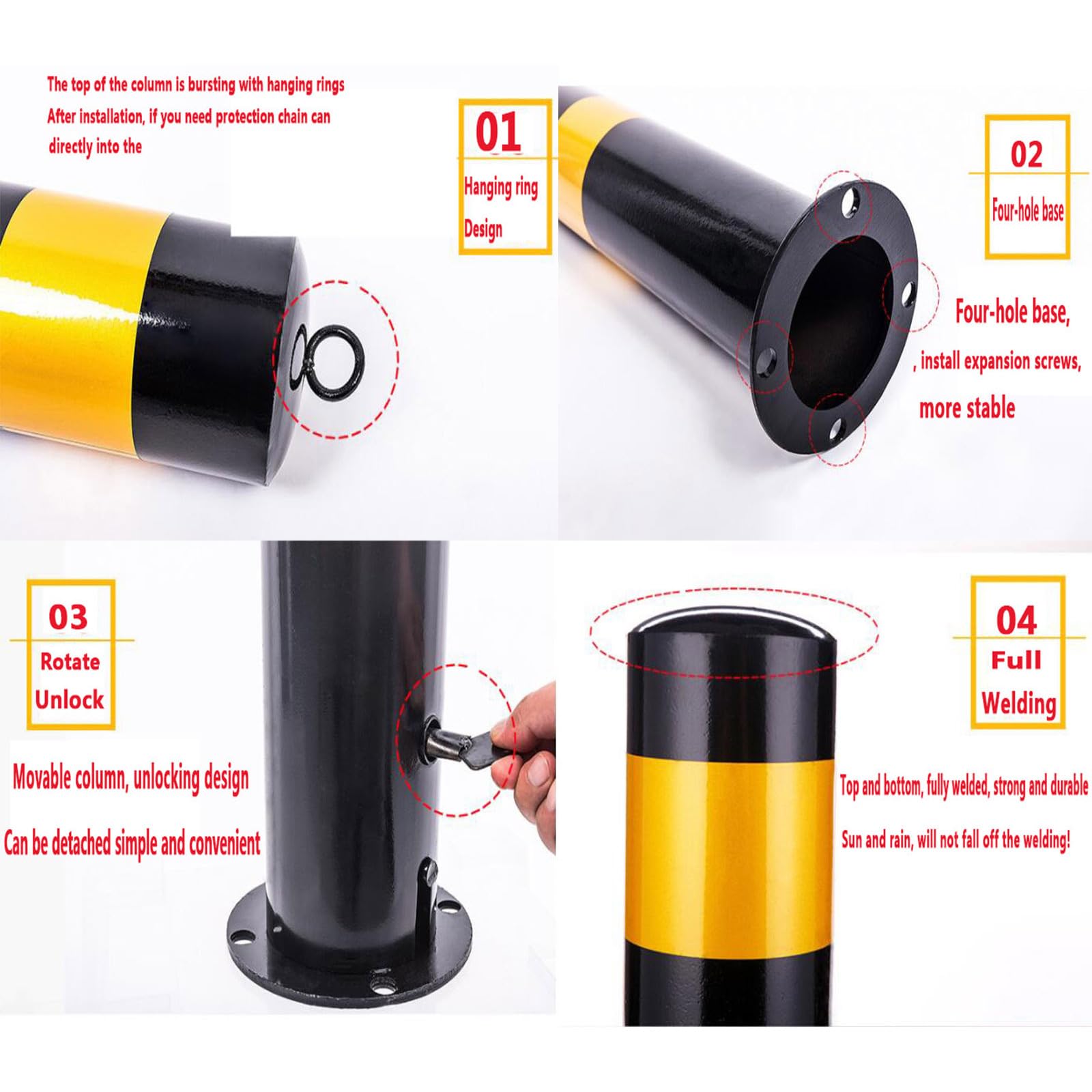 Paquete de 2 con candado – Postes desmontables for entradas vehículos y aceras, 8 puntos anclaje Bolardos estacionamiento acero(550x114mm)