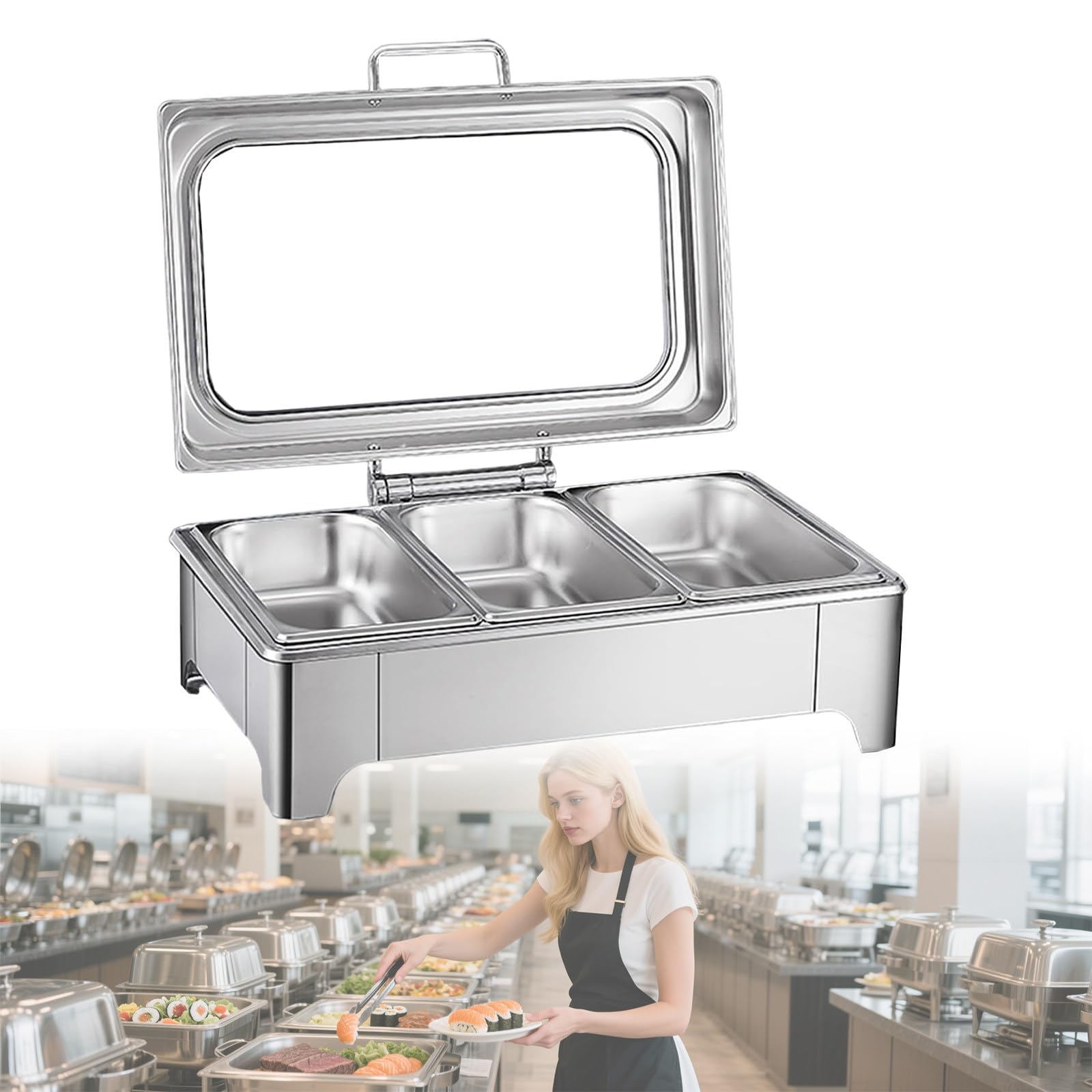 Elektryczny podgrzewacz do potraw Chafing Dish 9L z pokrywką szklaną, na imprezy i bankiety, z regulacją temperatury (30-80°C) 9liters3grids