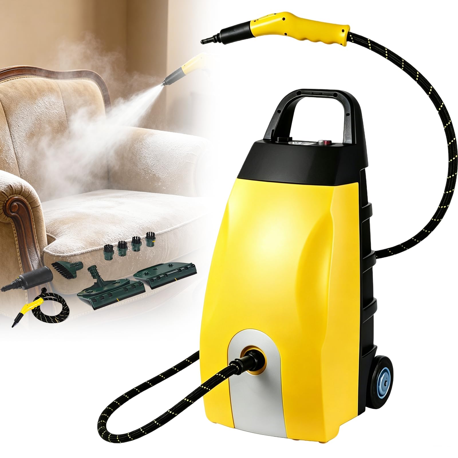 URJWAN Steam Cleaners, Portable Steamer Cleaning Machine, with 6 Brush Heads, for Kitchen Home Use,Upholstery, Bathroom, Grout and Tile, Car Detailing Yellow