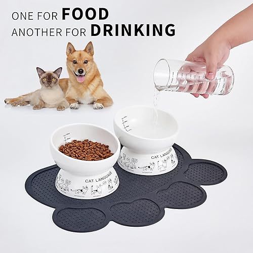 Miniatura 5 de Howise 2 cuencos elevados de comida para gatos con alfombrilla de silicona para alimentos para mascotas  Juego de cuencos elevados de cerámica para