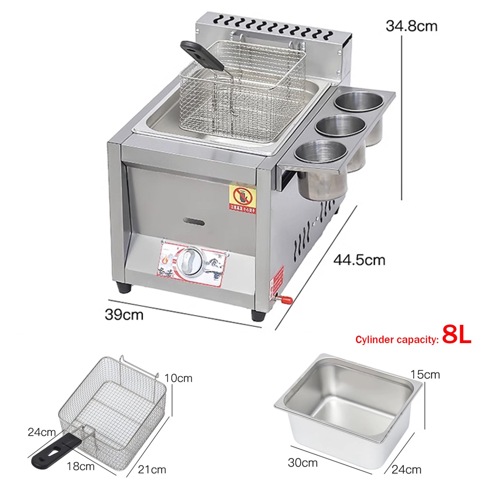 Freidora Comercial con Cesta y Tapa Freidora de Gas Sartn Gruesa de Acero Inoxidable con encimera freidora Profunda, cocina industrial comercial o uso doméstico,8L