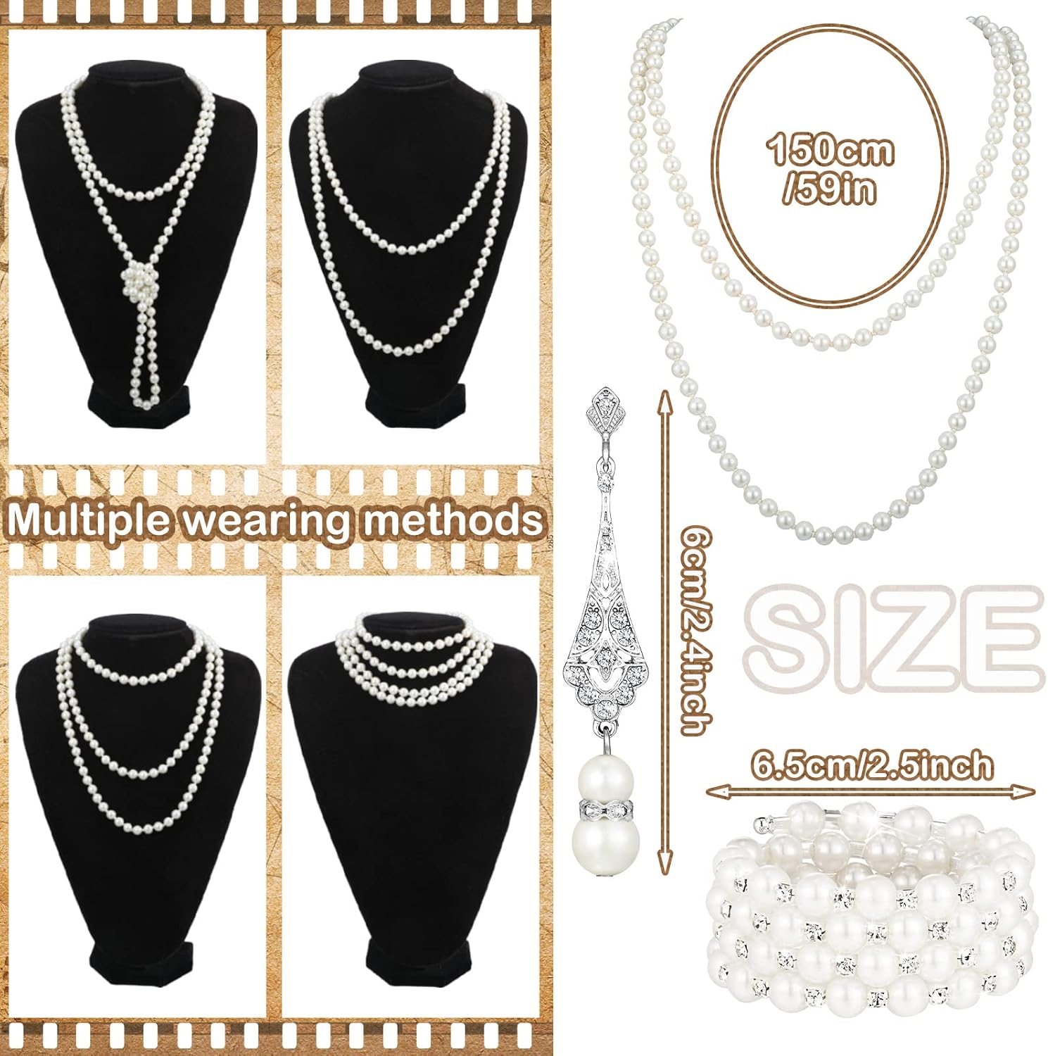 3 Pcs 1920s Pearl Jewelry Set - Including Pearl Necklace, Dangle Rhinestone Earrings & Bracelet for Women's Halloween Party - Image 3