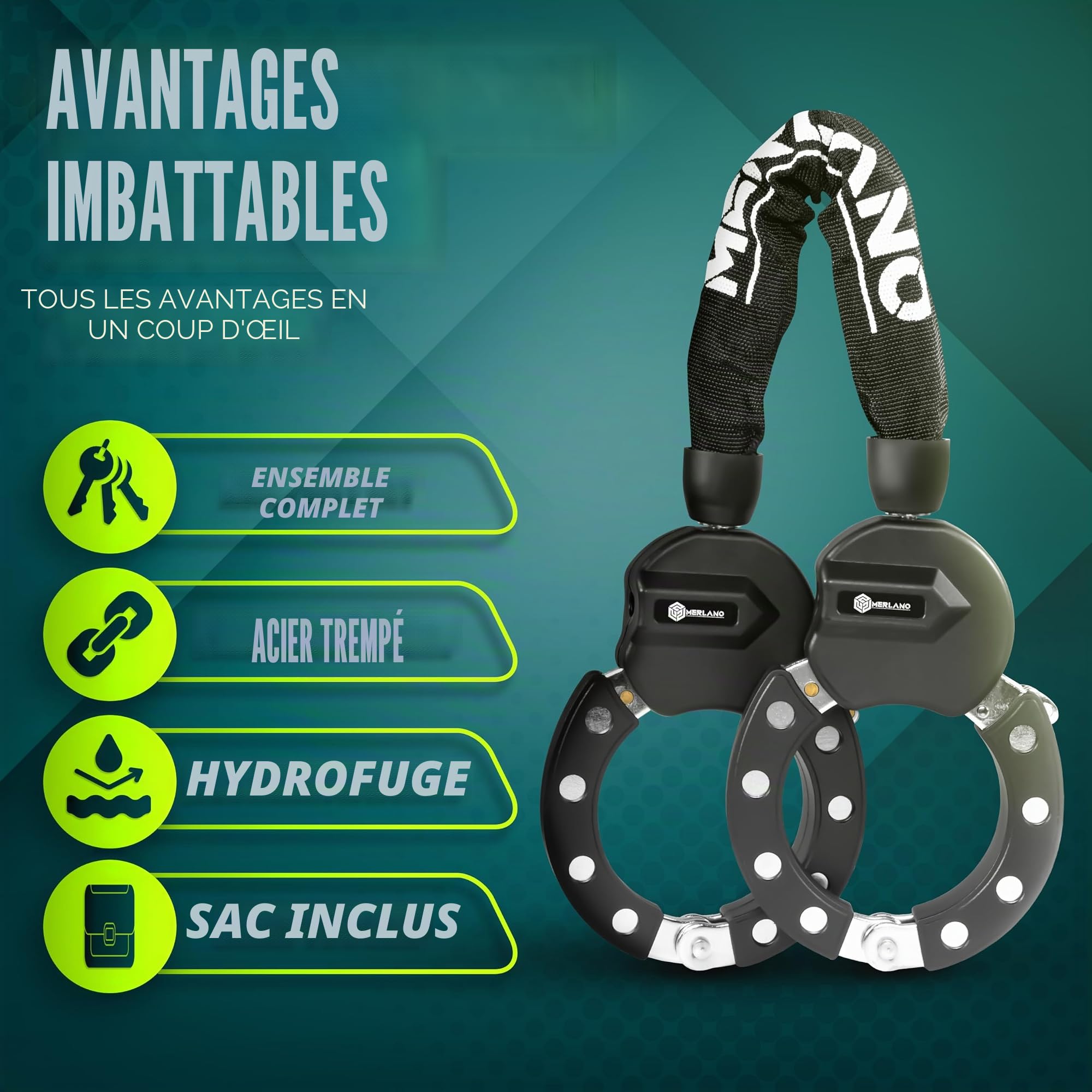Serrure à menottes haute sécurité pour scooter électrique, épaisseur : 10 mm, antivol avec sac toutes saisons