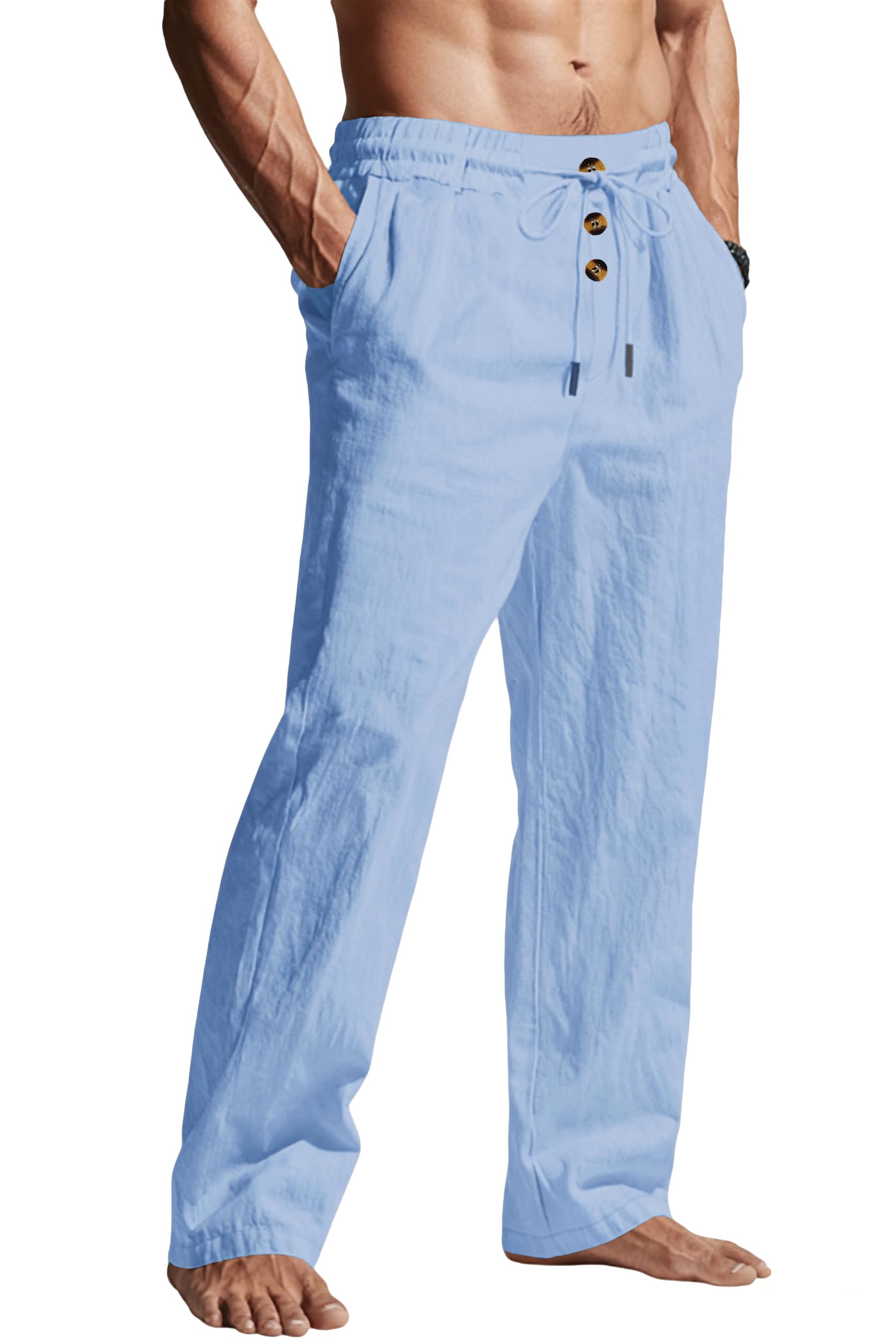 Mens Casual Linen Pants Elastic Waist Drawstring Summer Beach Lightweight Trouser with Pockets