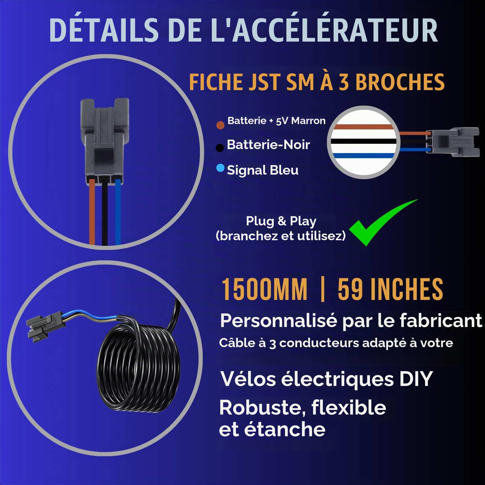 Accélérateur complet pour vélo électrique - Poignées gaufrées noires - Convient pour 3 broches SM JST - Pour vélo électrique Surron, motocross 12 V, 24 V, 36 V, 48 V, 52 V, 60 V, 72 V