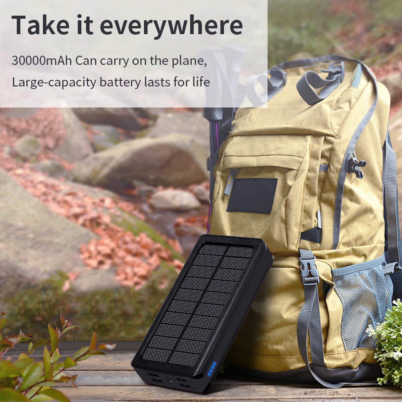 Power Bank Solare da 32 LED con 4 Porte USB, 30000 MAh, 3 modalità di Illuminazione, per Campeggio, Escursionismo e Avventure all'aria Aperta