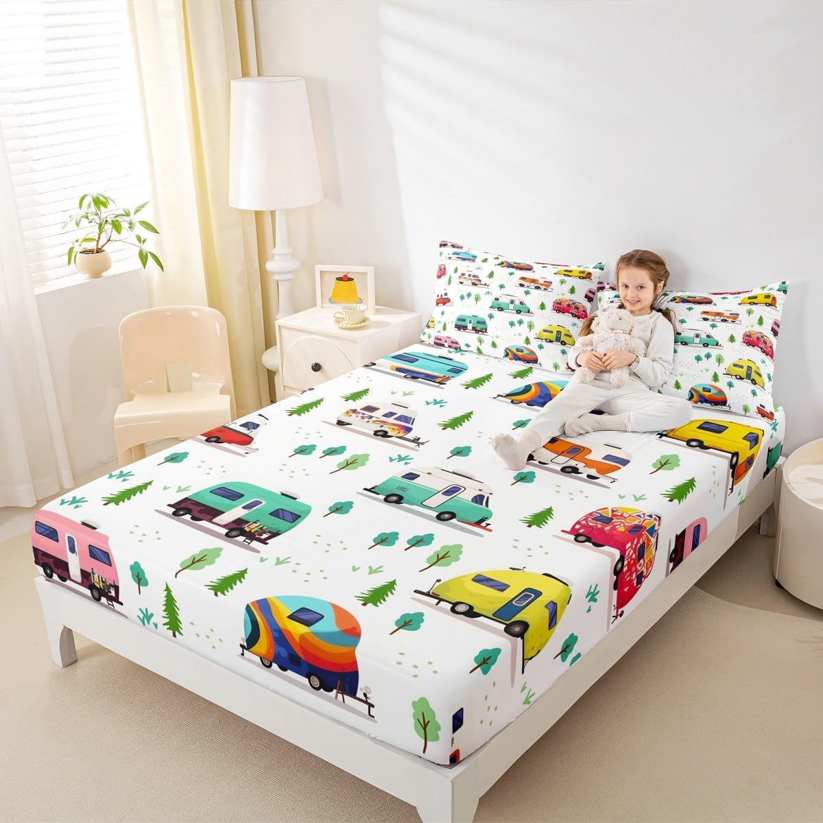 Manfei Happy Camping Fitted Sheet Full Size, Camper RV Trailers Bedding Set 3pcs, Travel Adventure Theme Bed Cover with 2 Pillowcases, Kids Boys Teens Room Decor, Soft Bedding(No Flat)