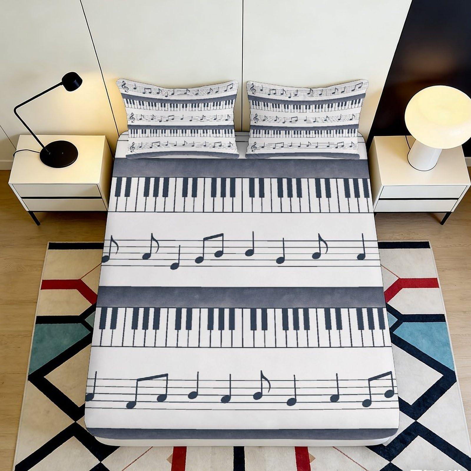 3D Printed Piano Keys Fitted Sheet Microfiber Musical Notes Bed Cover for Bedroom Guest Room Mattress Decor 90x200x25cm