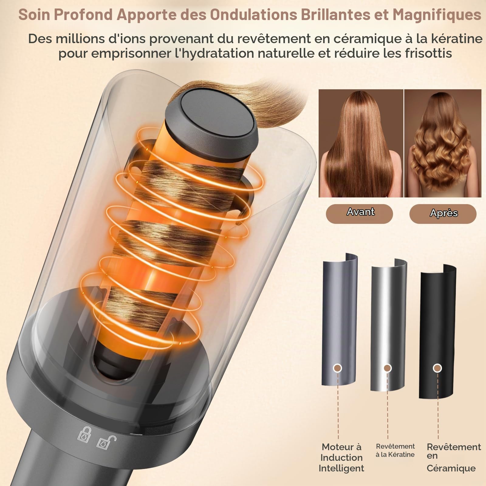 Boucleur a Cheveux, Fer a Boucler, Fer à Friser Automatique pour la Coiffure, 4 Température Réglable, Câble Anti-emmêlement Rotatif à 360° Alimentation Sans Interrupt (Noir)