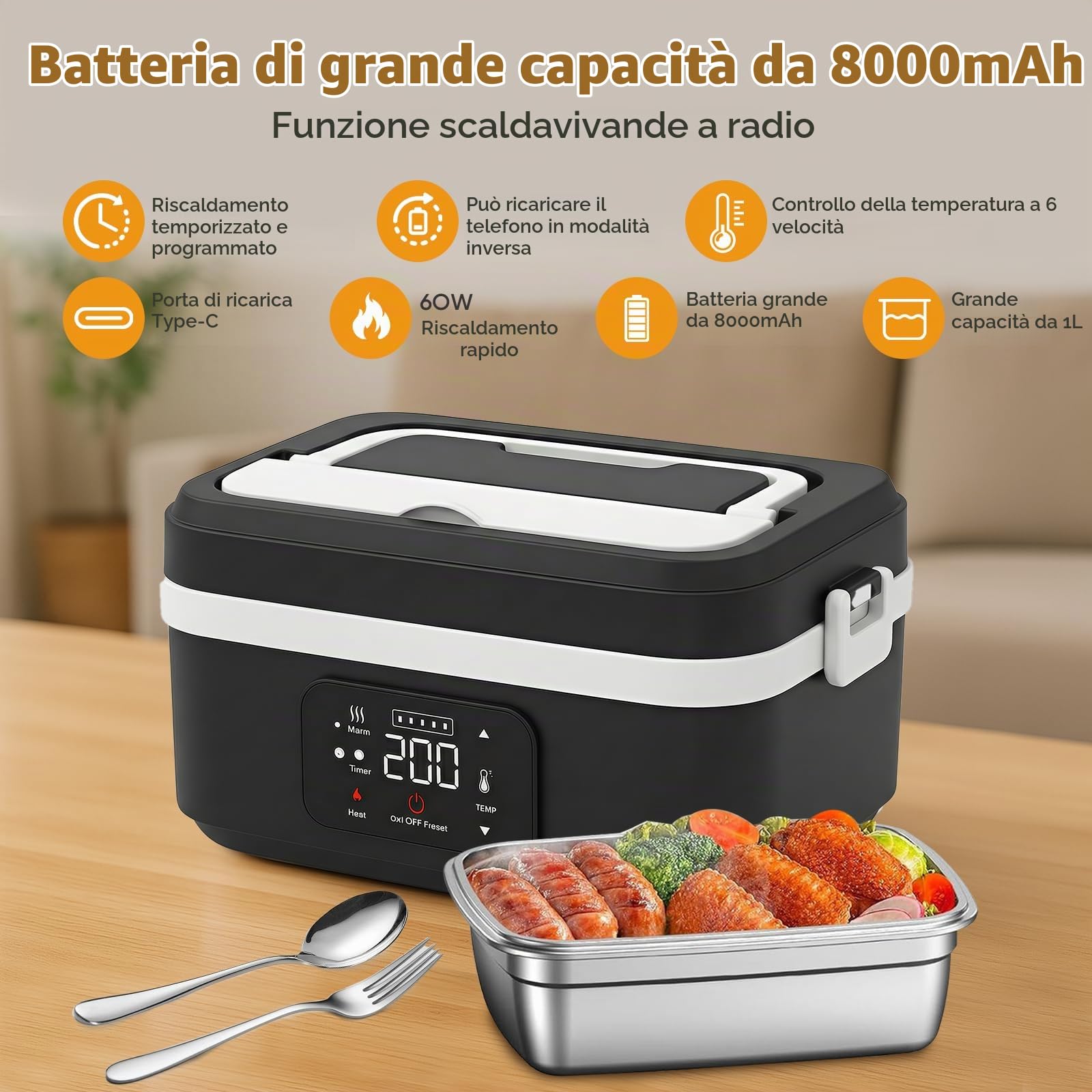 Scaldavivande Elettrico Portatile, Scaldavivande a Batteria Ricaricabile 1L Lunch Box Elettrico, Scalda Vivande per Adulti in Acciaio Inossidabile, Scaldavivande USB con Stoviglie e Borsa Termica