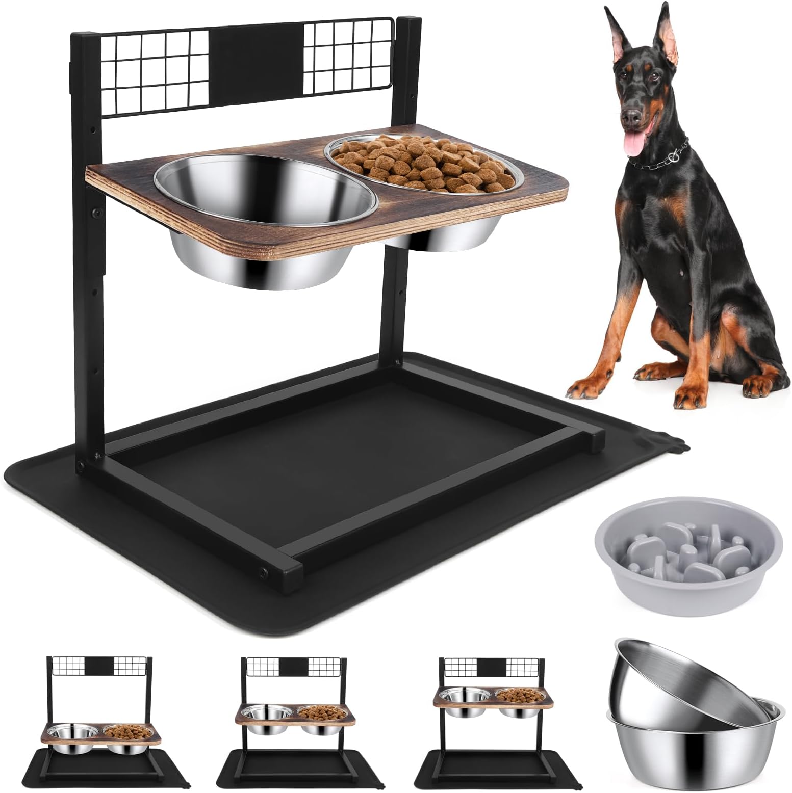 Ciconira Elevated Slow Feeder Dog Bowls, 8°Tilted Metal Raised Dog Bowl Stand, 4 Height Adjustable, Two 1.3L Stainless Steel Dog Food Water Bowls & Spillproof Mat for Large Medium, Small Dogs & Cat