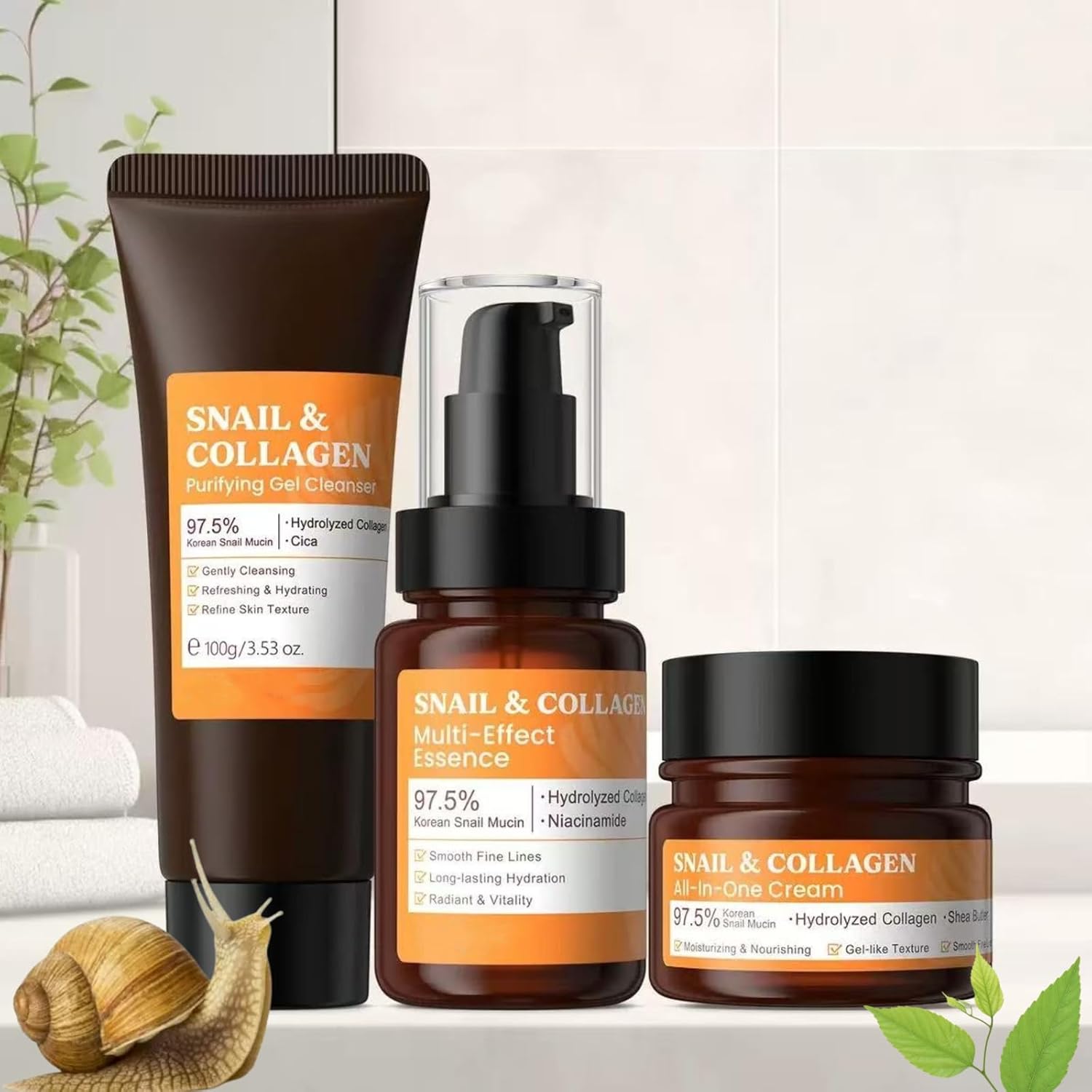 3PCS 97.5% Snail Mucin Serum Set，Anti-Aging Glass Skin Kit with Snail Cream, Serum, Cleanser ，Snail Mucin Moisturiser For Dry, Sensitive, Acne-Prone Skin ， Korean Skincare Care