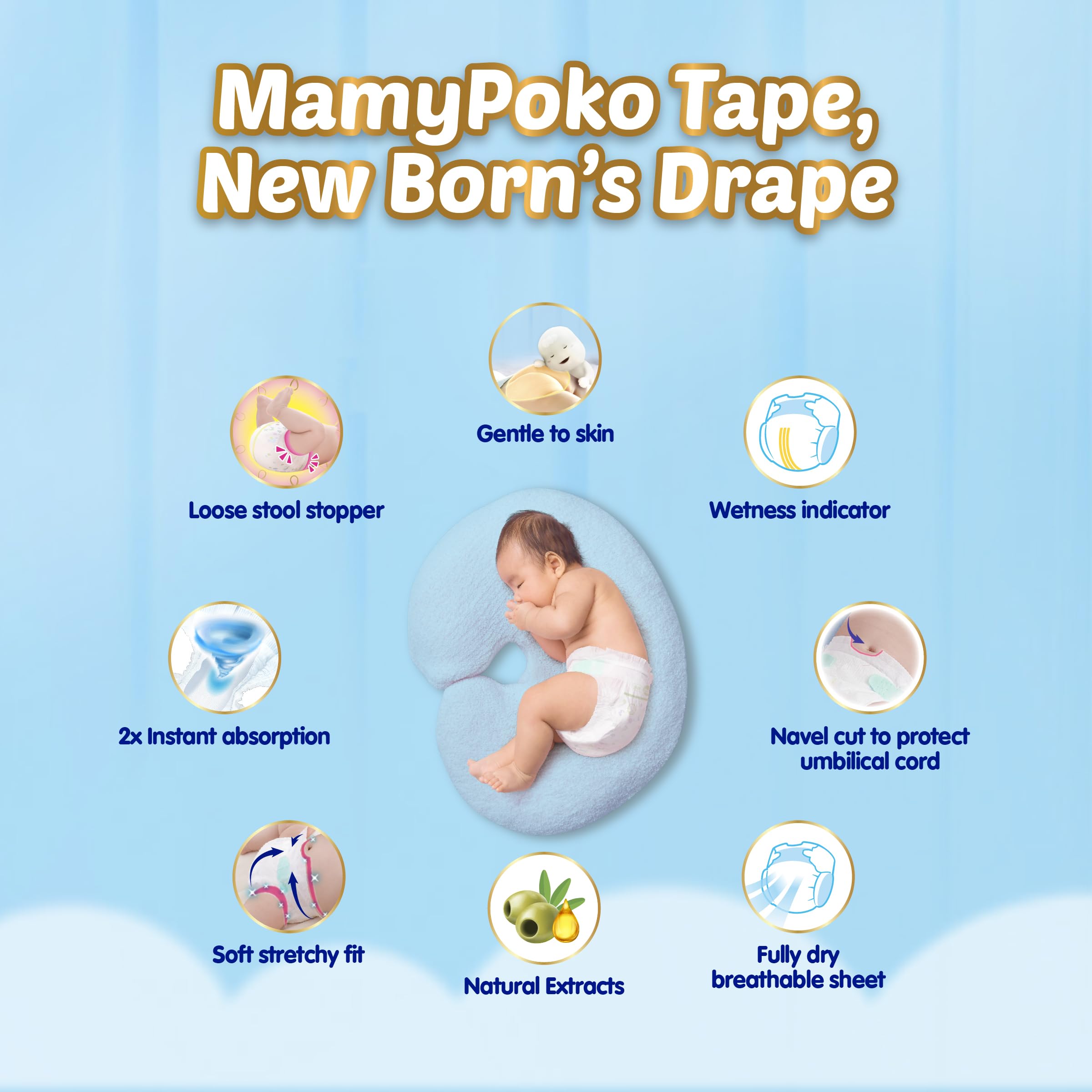 Mamypoko New Baby| Tape Style Baby Diapers, 28 Count, 3-5kg||2x Instant Absorption| Soft stretchy fit |Natural Extracts for Nourishment | Loose Stool Stopper, Wetness Indicator 4