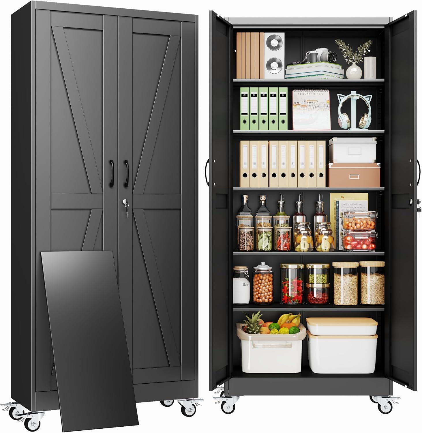 79" Metal Garage Storage Locker Cabinet with Wheels,Rolling Black Lockable Tool Cabinet with 2 Doors and 5 Adjustable Shelves, Steel Office File Cabinet for Home Office Warehouse Gym