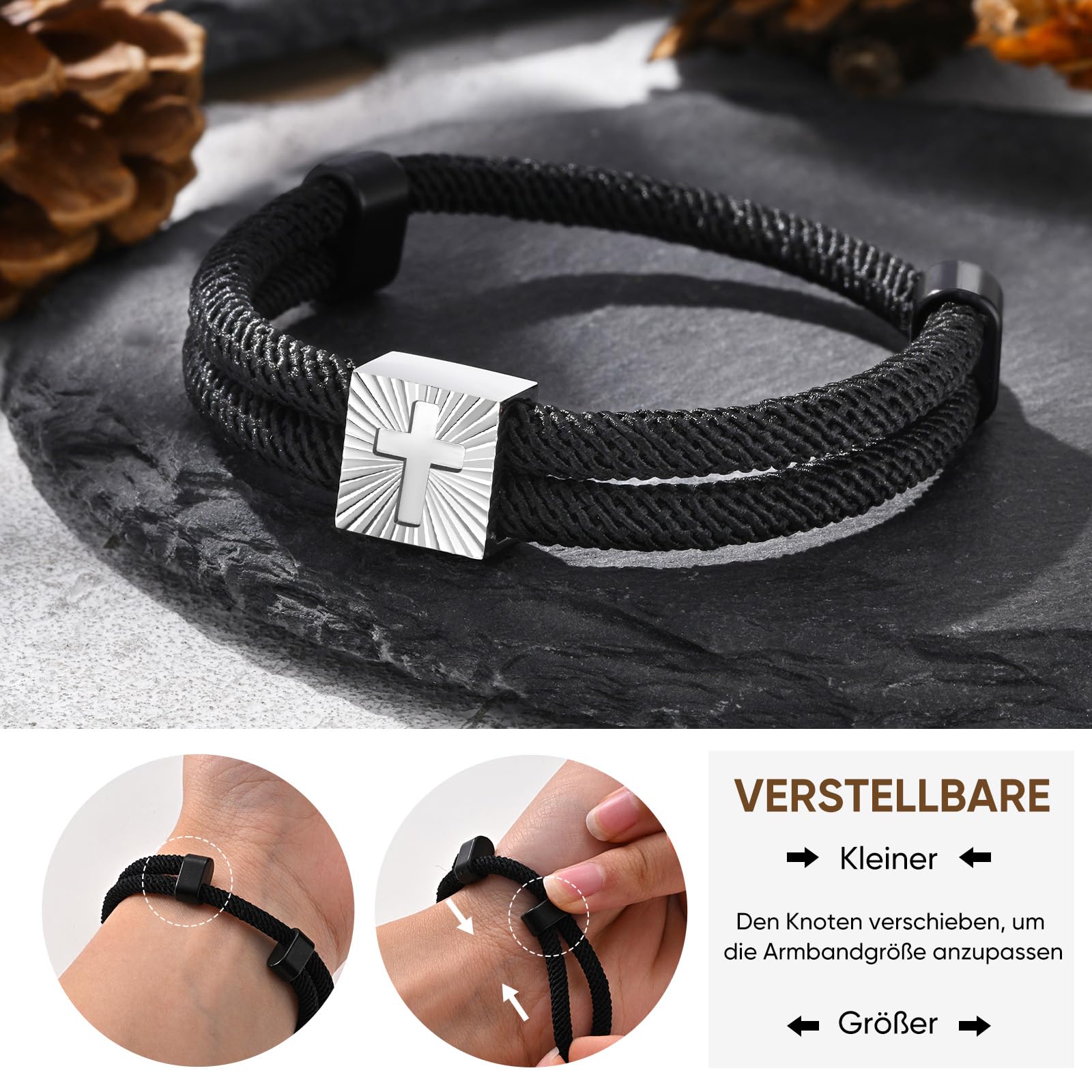 FLHEART Cruz pulsera confirmación regalos para niños – Pulsera de cuerda náutica negra con cruz, pulseras de Jesucristo, joyas, confirmación de Pascua, regalo para niños, hombres, hijo, regalos