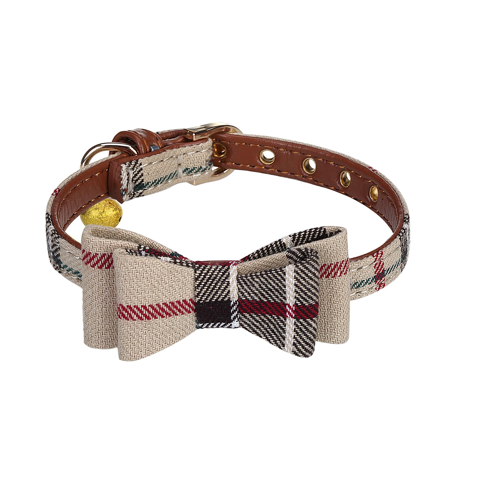 PUPTECK Dog Collar, Bell, Genuine Leather, Easy to Wear, Adjustable, Durable, Going Out, Small Dogs, Checkered Pattern (Beige, Checkered)