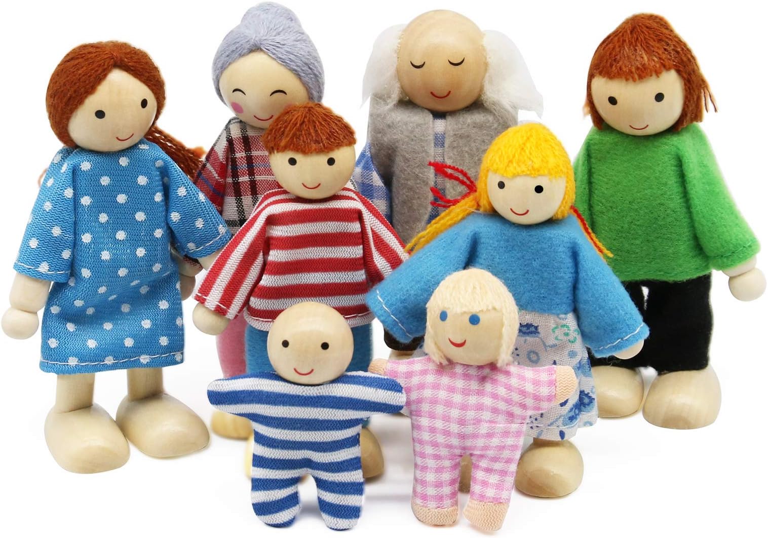 Wagoog Dollhouse Doll Family Set, Wooden 8 People Figures Dolls Play Set for Dollhouse Accessories Girls Children Toy Gift