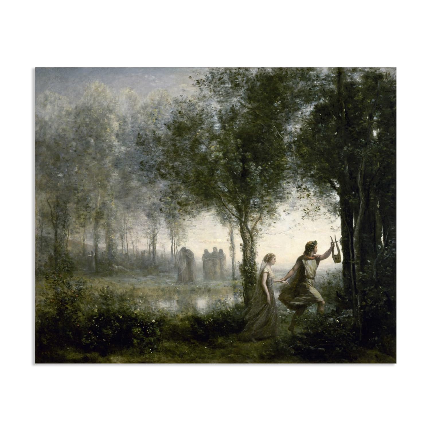 Hau3sh3a Jean Baptiste Camille Corot Wall Art Orpheus Leading Eurydice Canvas Picture Serene Landscape Reproduction Wall Decor for Living Room Bedroom Office Home Decor35x30cm(14x12in) frameless
