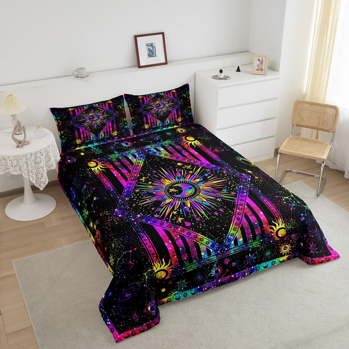 Erosebridal Sun and Moon Comforter Set Queen, Rainbow Tie Dye Bedding Sets Psychedelic Hippie Trippy Galaxy Duvet Sets Celestial Astrology Down Comforter Cosmic Constellation Zodiac Duvet Insert, 3Pcs