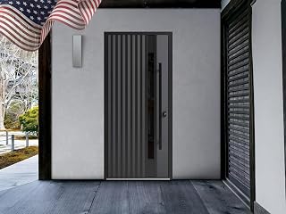 VDOMDOORS Front Exterior Prehung Steel Door/Ronex 0144 Grey/Entry Metal Modern Painted W36 x H80 Left Hand Inswing