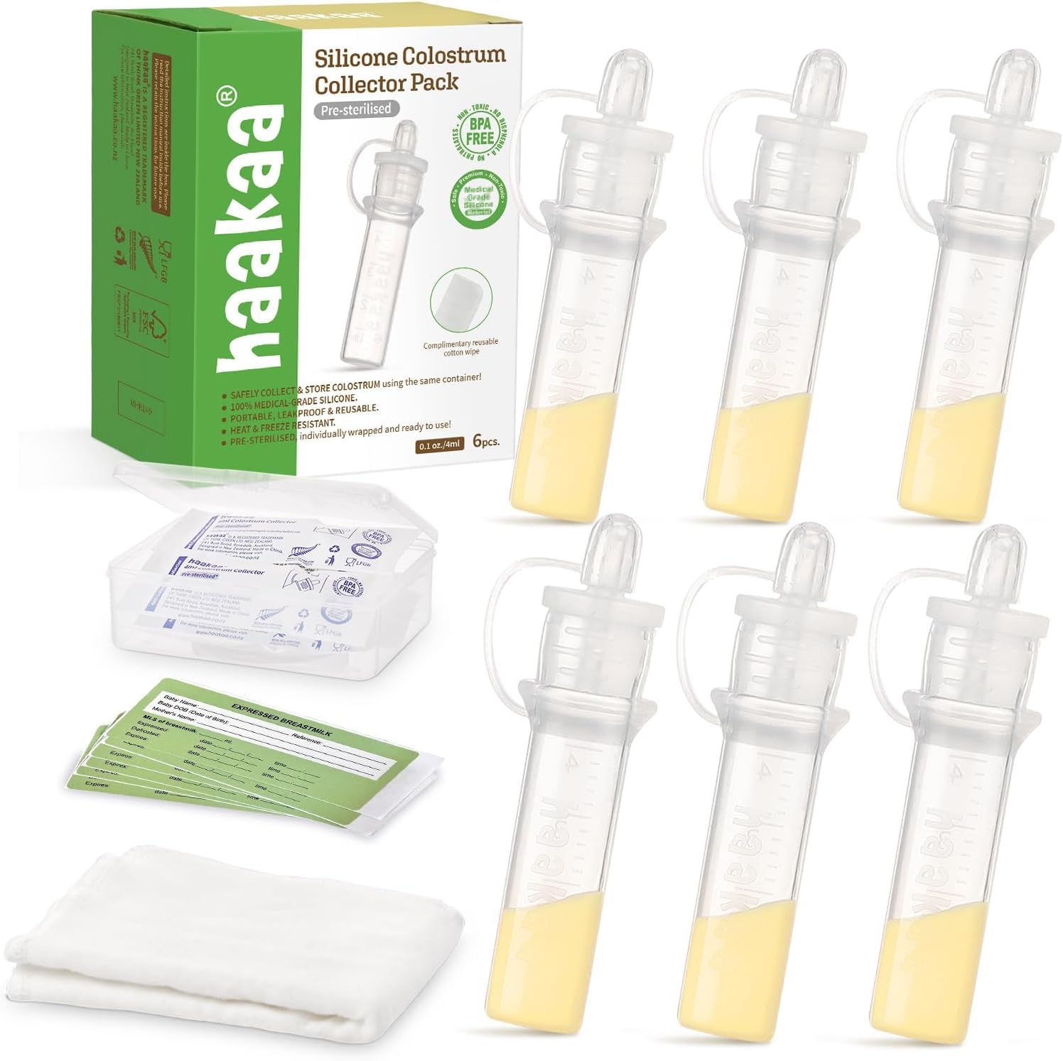 haakaa Silikon Kolostrum Sammler & Milchauffänger Set, BPA-frei, Wiederverwendbar, Mit Baumwoll-Reinigungstuch, Etikettenaufklebern und Aufbewahrungsbox, 4 ml/6 Stück