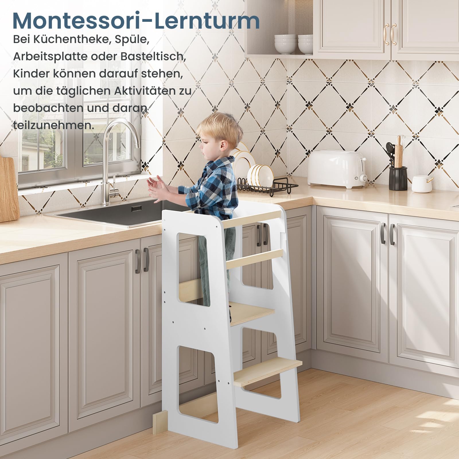 WOLTU Lernturm für Kinder ab 1 Jahr, mit Rausfallschutz, Montessori Learning Tower, Entdeckerturm Küchenhelfer Tritthocker, aus Massivholz MDF, bis 50 kg belastbar, Weiß Holzfarbe