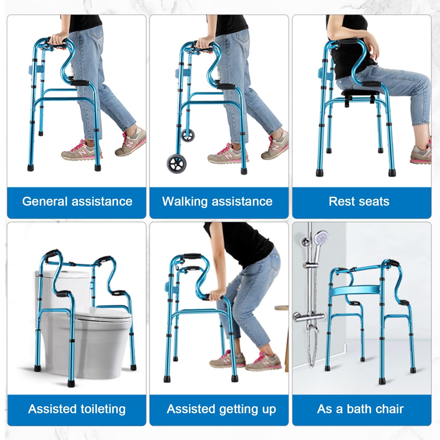 Andador plegable con ruedas y asiento suave, andador de aluminio ligero para personas mayores, andador ajustable en altura para ayuda de movilidad y rehabilitación