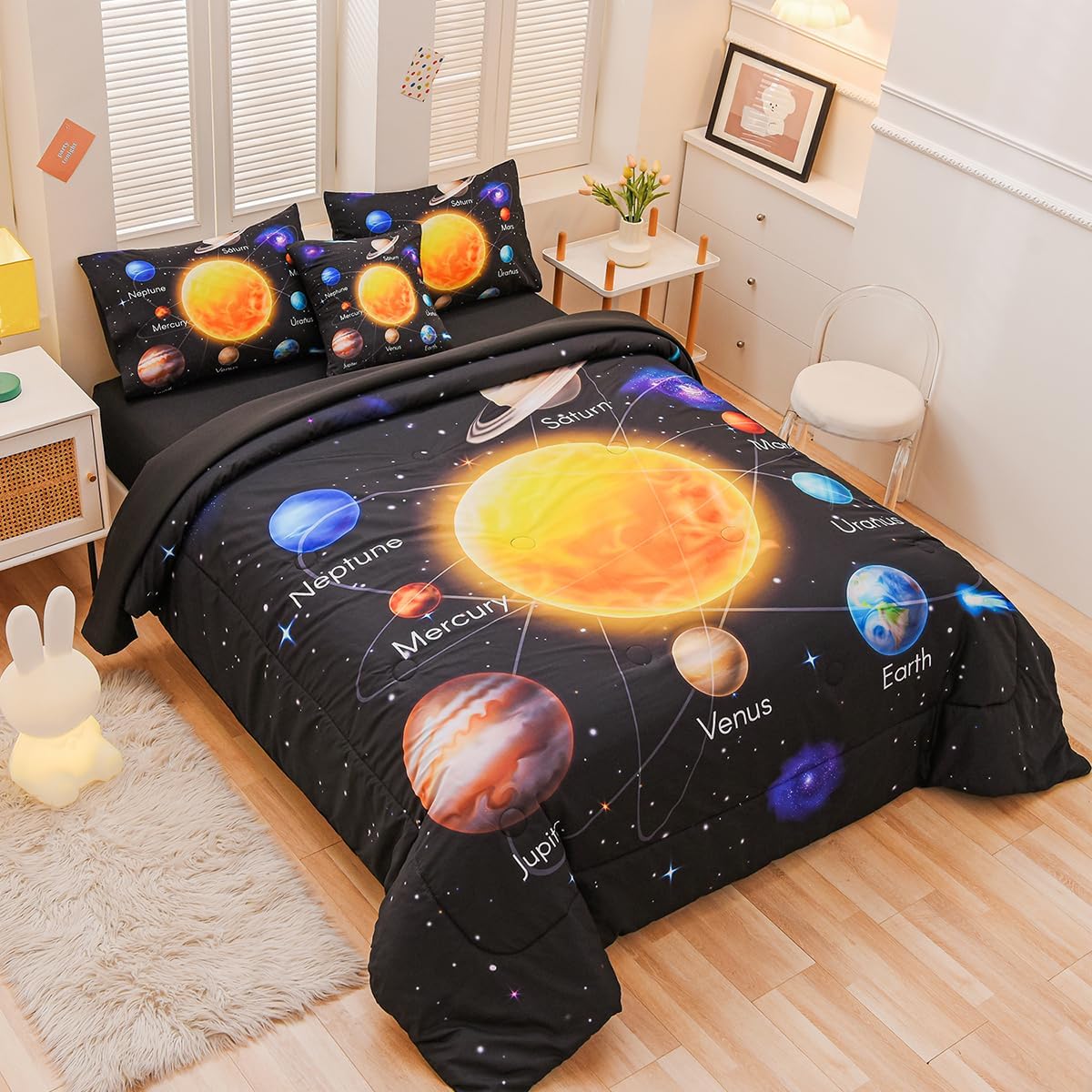 6 Pcs Bed in A Bag Twin Comforter Set for Boys, Solar System Universe Planet Comforter, Space Bedding Sets with Sheets for Kids