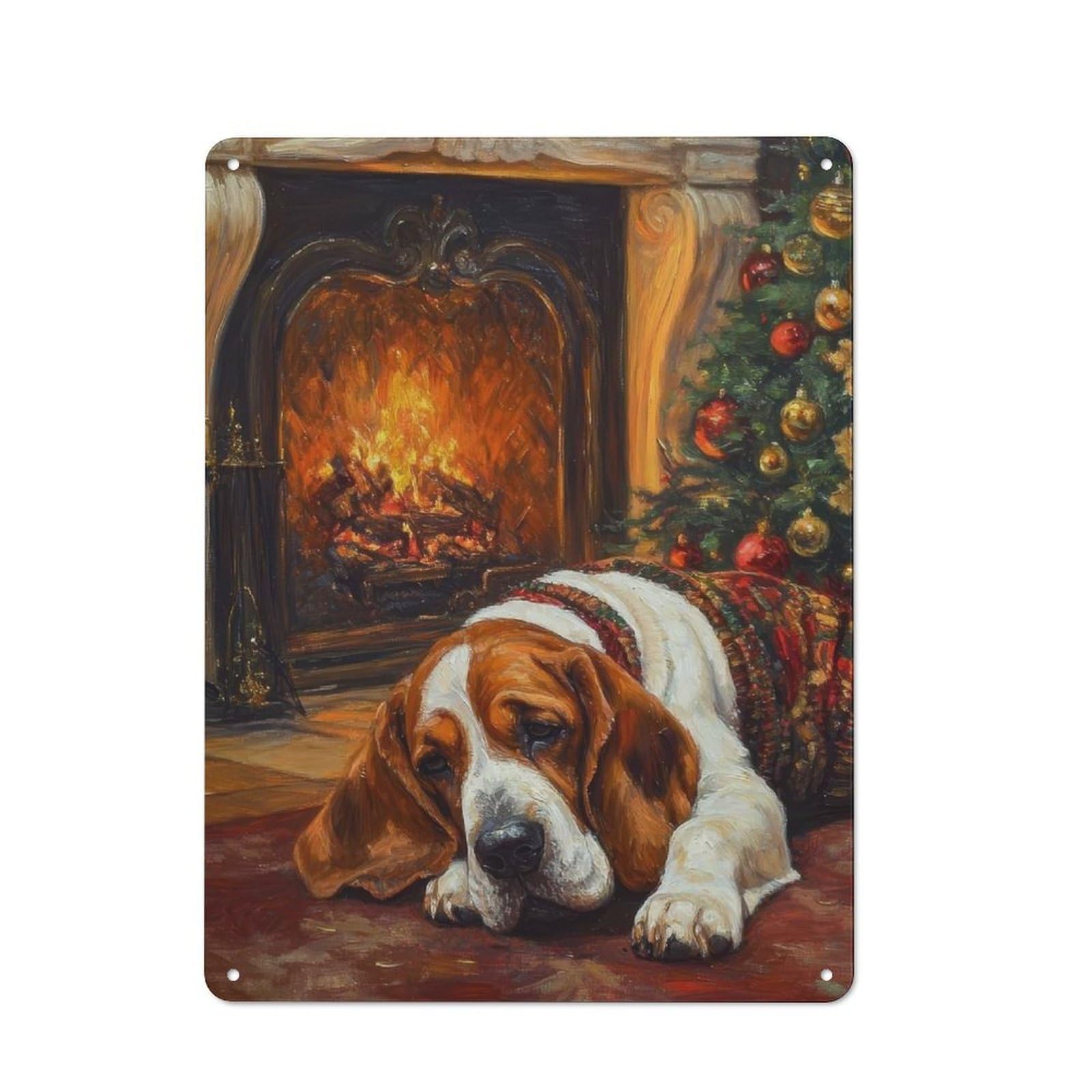 Junmoney Basset Dog Christmas Print Dog By Fireplace At Christmas Retro-Style Metal Plaque 40X30cm For Garage Or Workshop, For Garage, Workshop And Man Cave Decoration