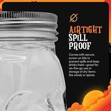 DURA LIVING Set of 2 Skull Mason Jar Glasses with Lids | 16oz Reusable Halloween Drinking Glasses | Unique Skull Decor, Storage, Canning Jars for Parties & Gifts
