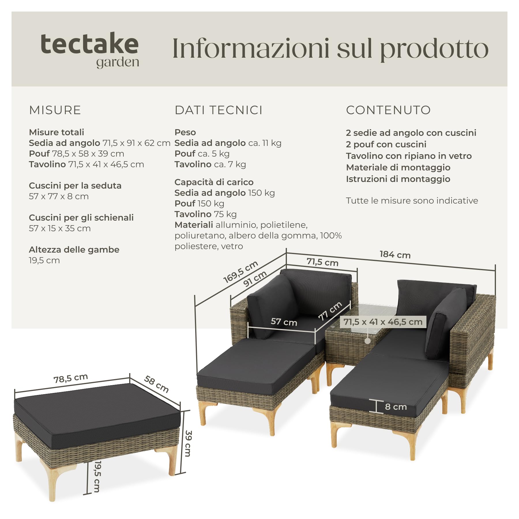 tectake® Salottino in Rattan Bellaria, Telaio in Alluminio, Set da Giardino con Tavolino Salotto, Poltrone, Rivestimenti Idrorepellenti, Resistente ai Raggi UV - Naturale
