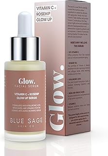 Blue Sage Vitamin C + Rosehip Glow up Daily Facial Serum | Natural Anti-Aging Skin Care Face Serum - Hyaluronic Acid, Witch Hazel and Glycolic Acid to smooth, Tighten and Brighten skin