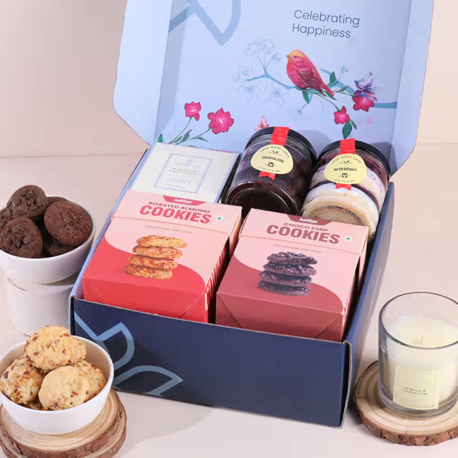 "floweraura love hamper of scented candle, 2 cookies, 2 jar cakes in box for birthday & anniversary gift, valentine's day gift for boyfriend, girlfriend, wife & husband (same day delivery) "