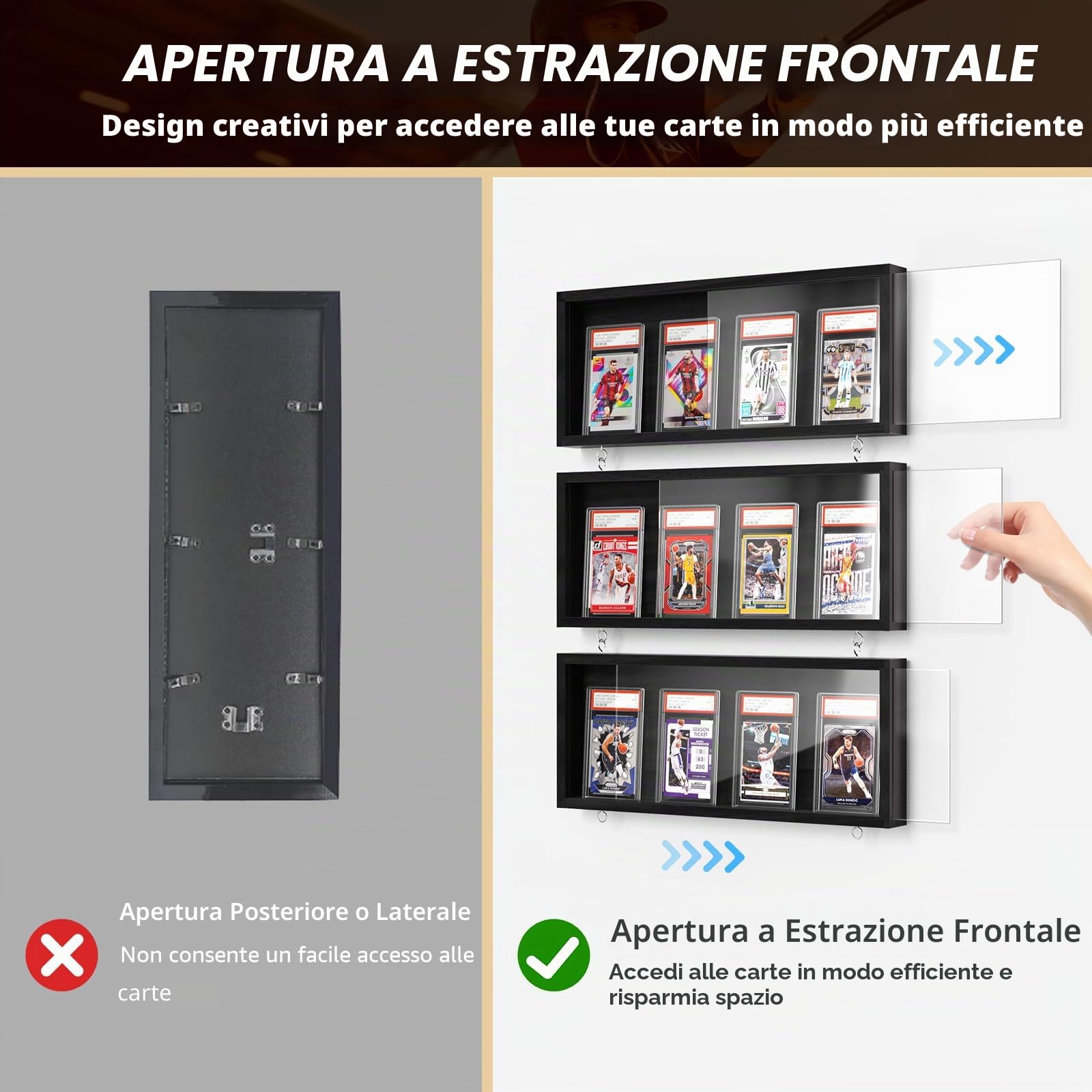 3 Pezzi Espositore a Parete di Carte, Legno Piani Espositore di Carta per Collezione di Baseball Sport, Cornice di Visualizzazione HD