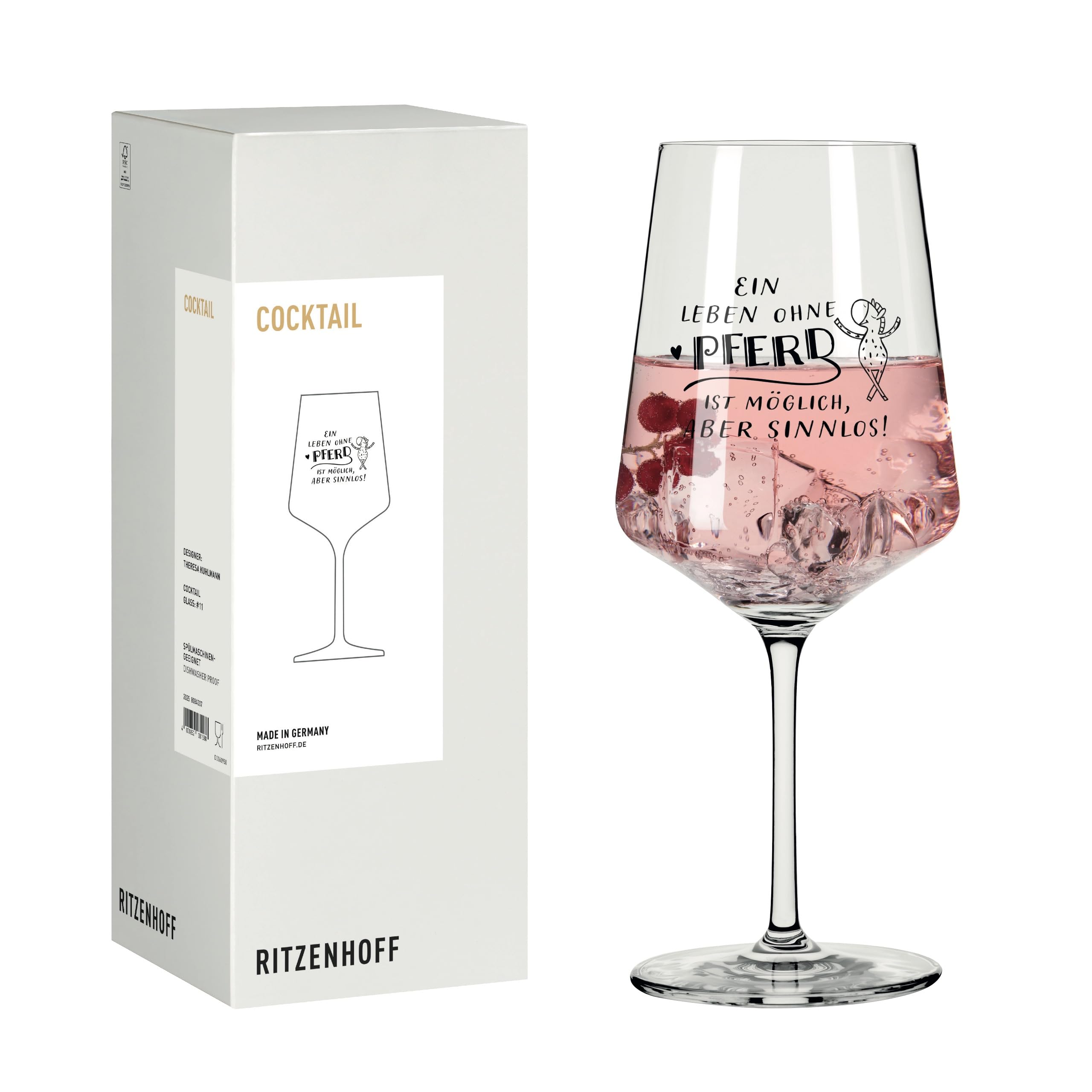 RITZENHOFF 8084008 Cocktail-Glas 500 ml, 2er Set, Serie Reitgold - 2 Stück mit Motiv Pferd und Reiter, bunt - Made in Germany