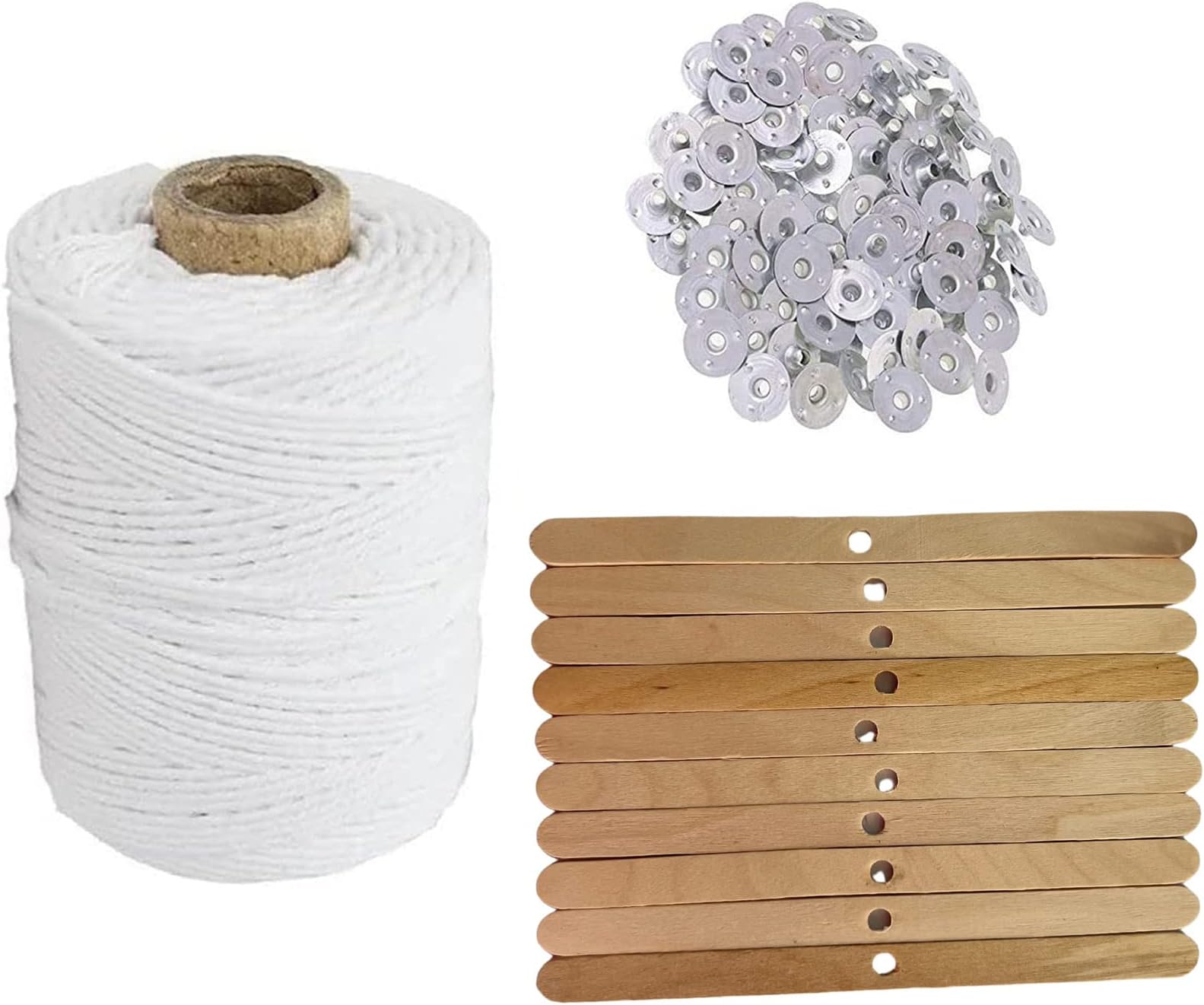 Candle Making Wicks Cotton Roll with 150 Piece Wick Sustainers and 10 Wooden Wick Holder for Candle Making White