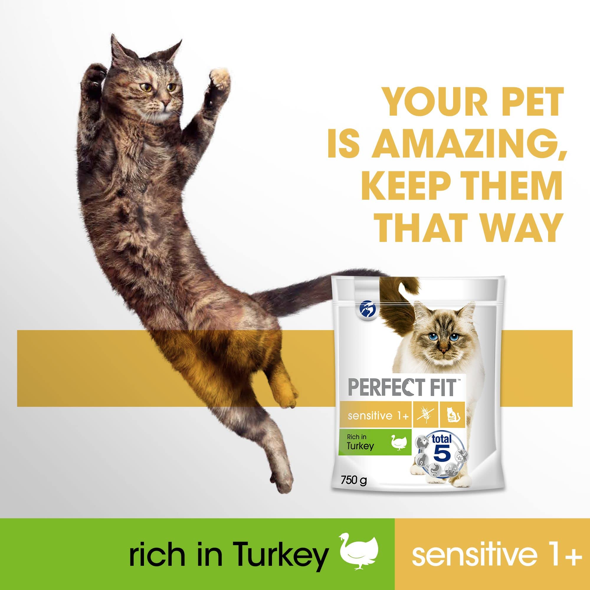 Perfect Fit Comida Seca para Gatos Sensitive 1+ Rica en Pavo, 7 kg (1 Bolsa) – Comida Premium para Gatos Adultos sensibles a Partir de 1 año, sin Trigo ni Soja, para apoyar la digestión