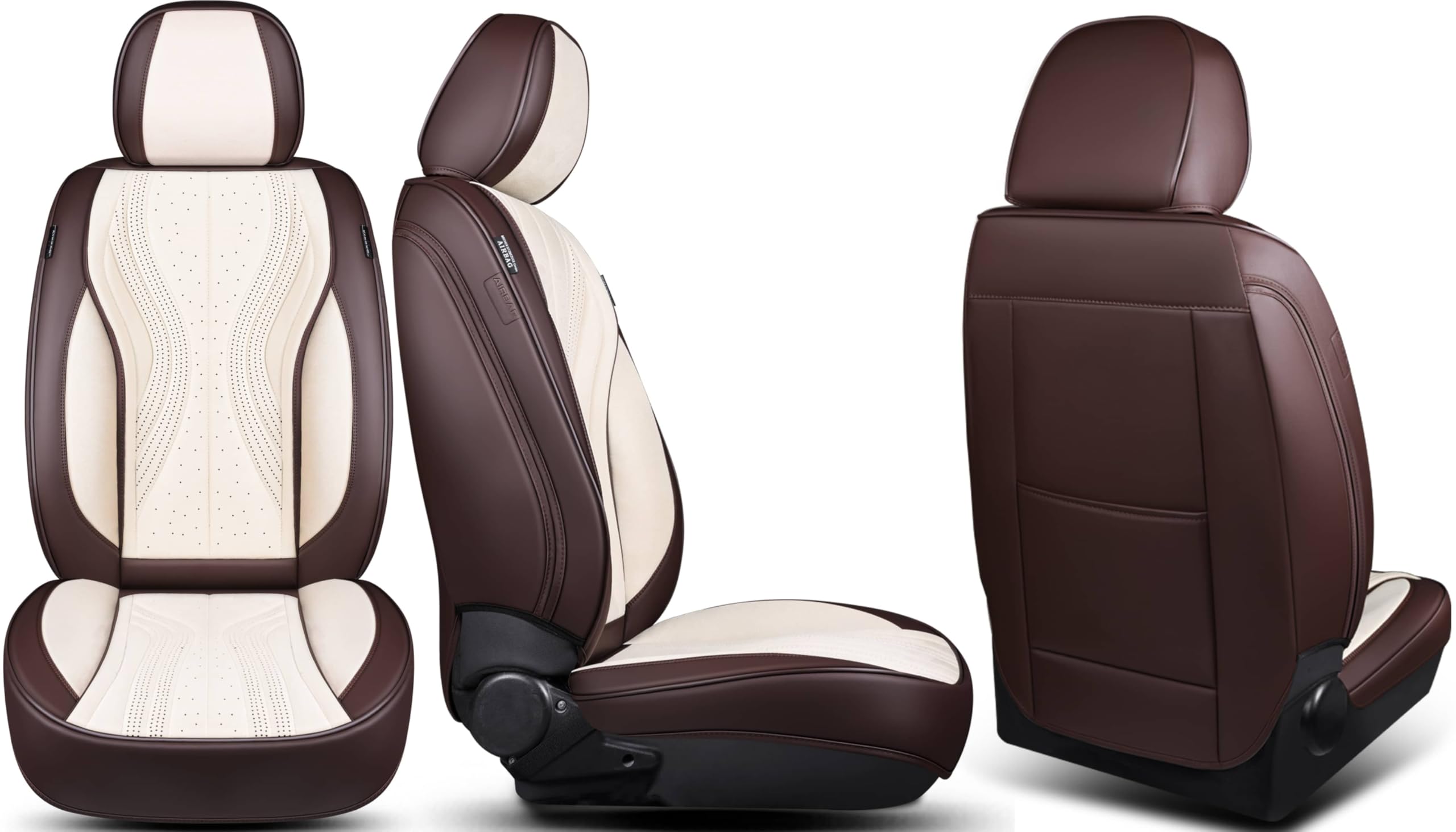 Autositzbezüge Universal für PKW, SUV – Premium Vordersitzbezüge Braun/Beige, hochwertig verarbeitet für mehr Sitzkomfort, Airbag-kompatibel, Schonbezüge für Fahrer & Beifahrersitz mit Rückentasche