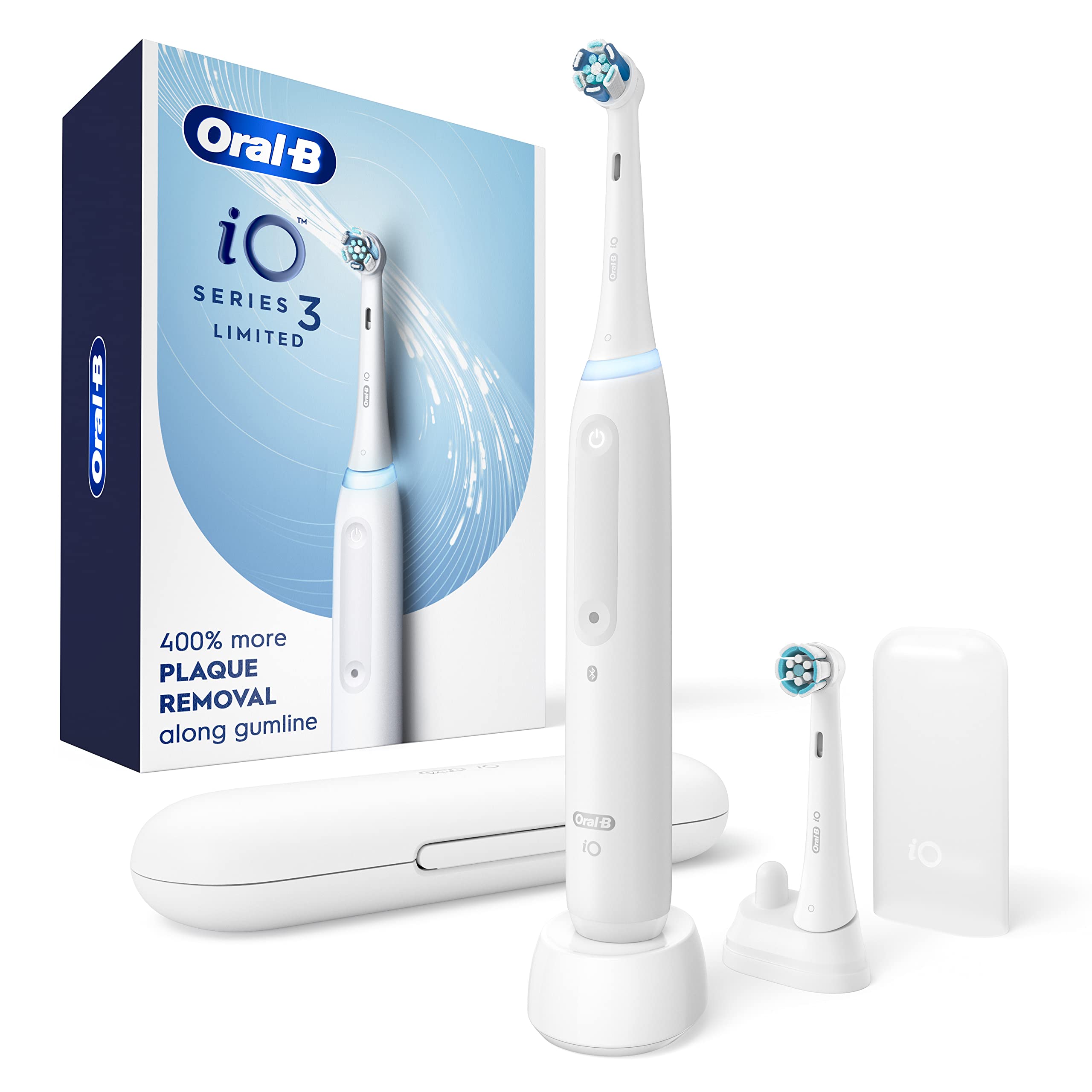 Oral-BiO Deep Clean Rechargeable Electric Powered Toothbrush, Icy Blue with iO Series 3 Limited, 2 Brush Heads and Travel Case - Pressure Sensor to Protect Gums - 3 Cleaning Settings - 2 Minute Timer