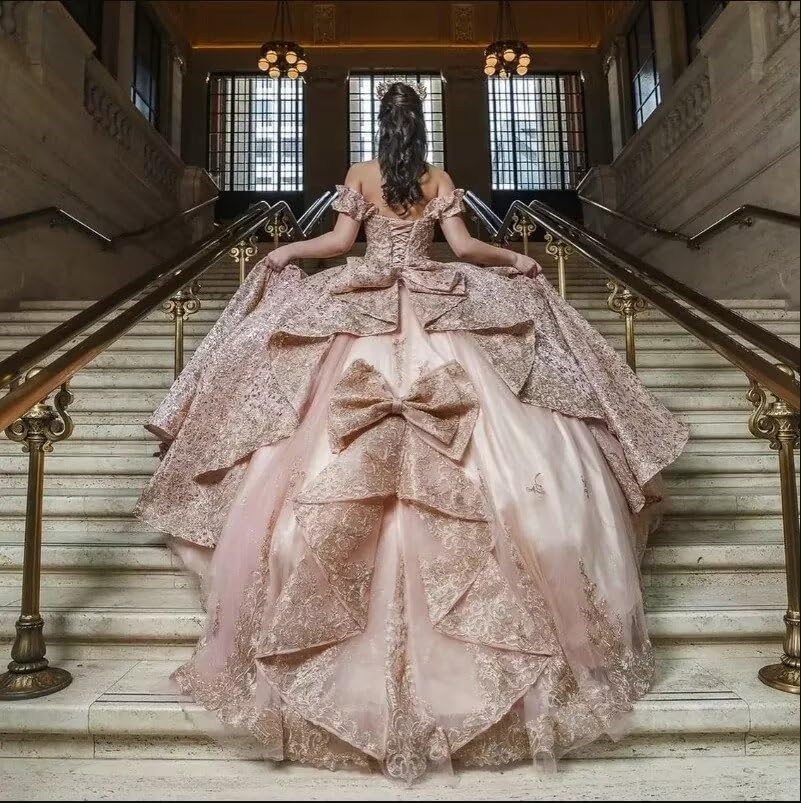 Sparkly Big Bow Sweet 15 Dresses Quinceanera Rose Gold Sequins Tulle Off The Shoulder Prom Graduation Dress 20252