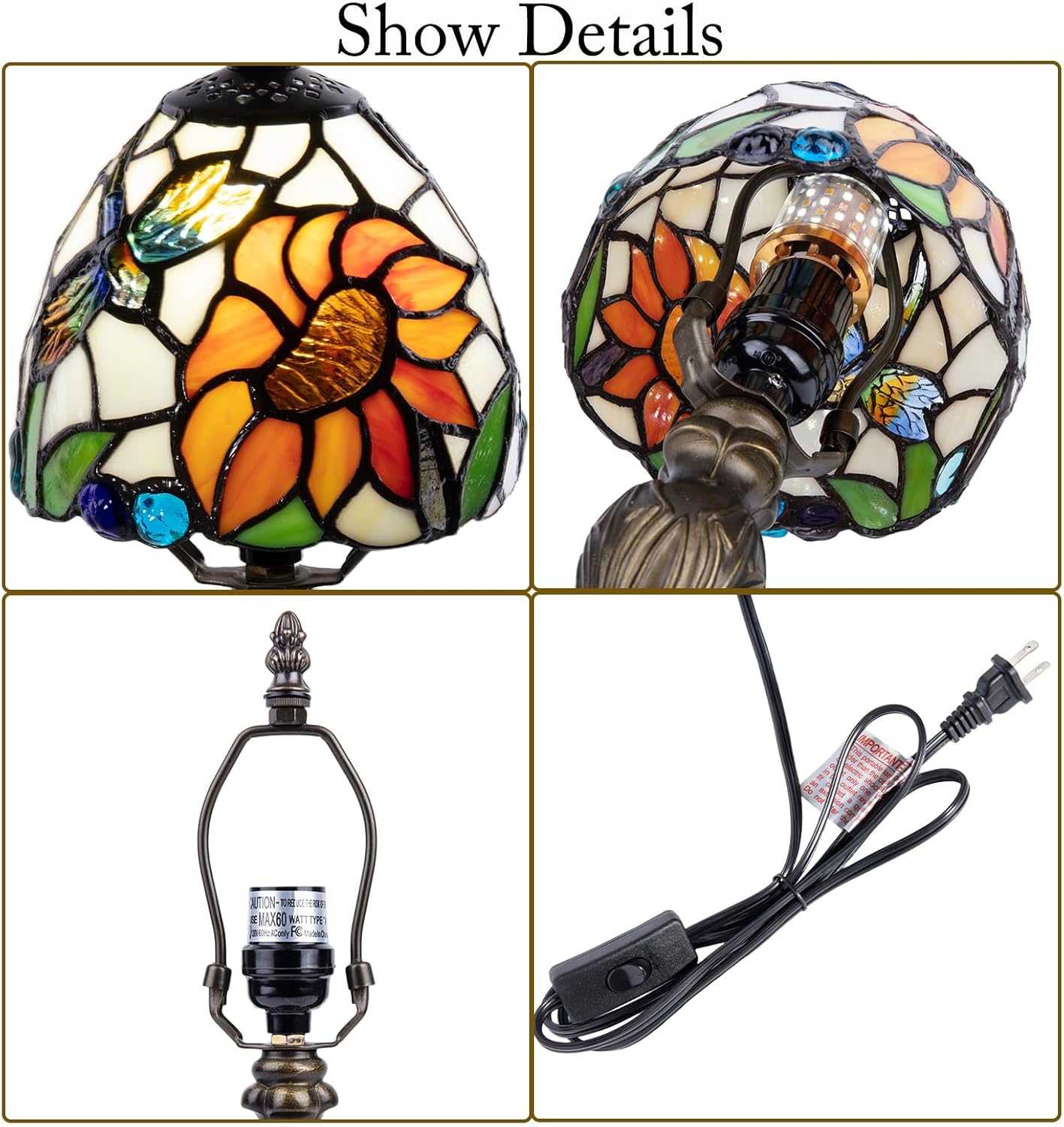 Small Stained Glass Lamp,6 inch Sunflower Tiffany Style 3-Color-Temperature Lamp, for Bedside Bedroom Living Room Office Decor Home, Include LED Bulb