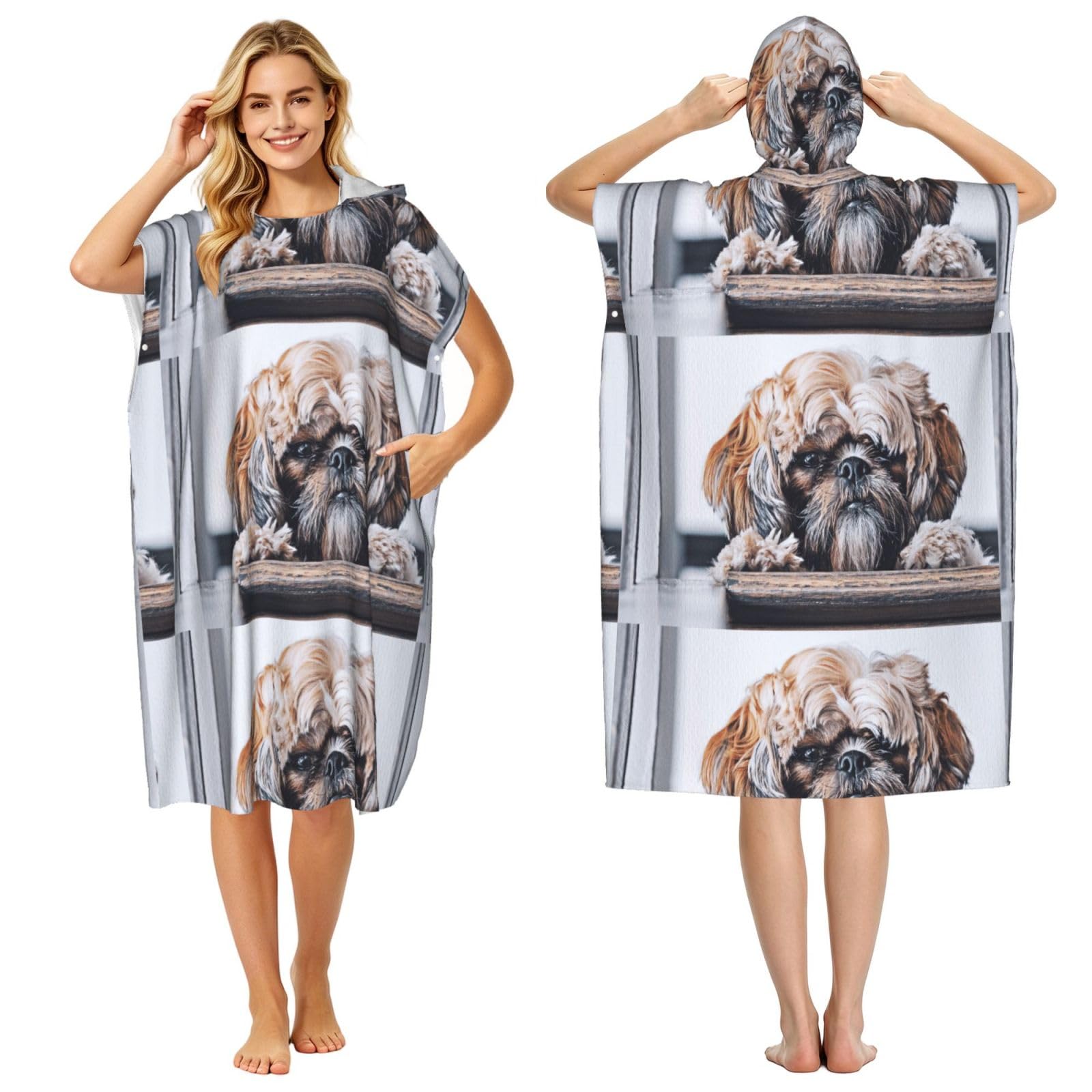 Poadnly Shih Tzu Fluffy Dogs Pets Dogs Shih Tzu, Adult Hooded Beach Towel 90 x 110 cm,Changing Bath Robe, Surf Poncho Towel For Women Men