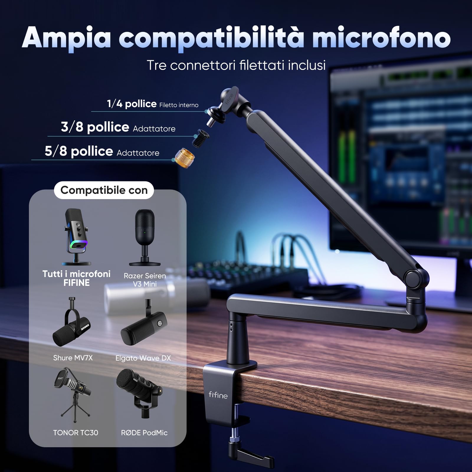 FIFINE Supporto per Microfono, Braccio Microfono con Microphone Clip e adattatore, Adattatore a Vite, Gestione dei Cavi, Supporto Microfono Regolabile Braccio, Compatibile K658 K688 AM8 A8