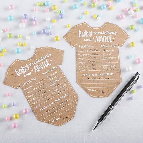 Miniatura 3 de Kate Aspen Predicciones de bebé para tarjetas de consejos de baby shower, 50 unidades con forma de mameluco para niña o niño, decoración de género