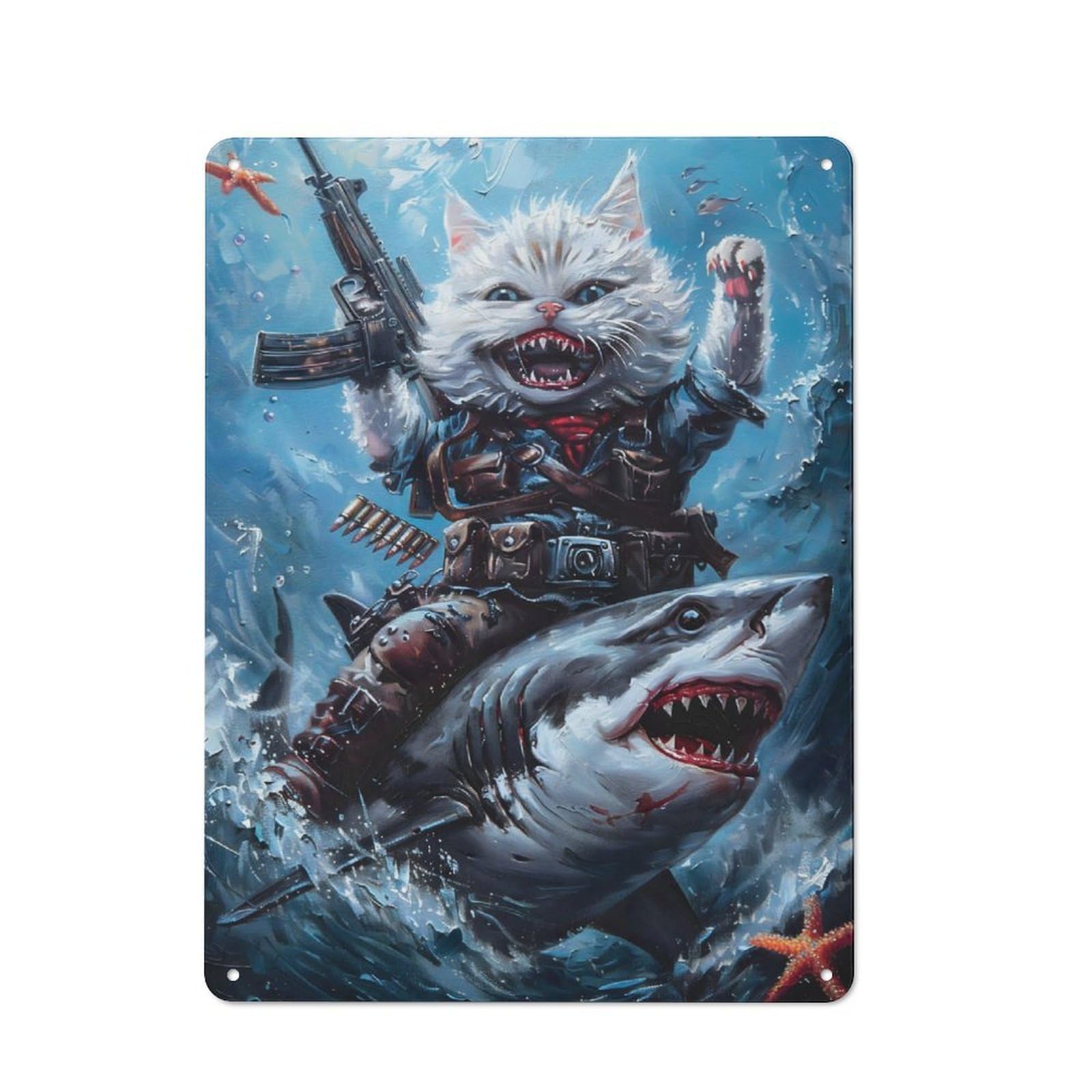 Junmoney Cat Riding Shark Rustic Metal Sign 40X30cm Featuring For Garage Wall, Suited To Garage Decor Collectors