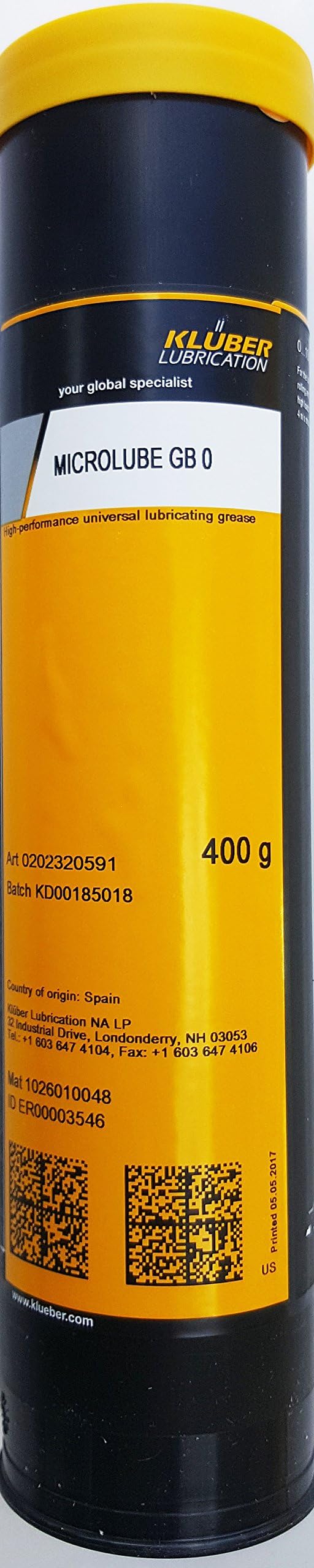 Kluber Microlube GB 0 High Performance Universal Lubricating Grease 400g Cartridge