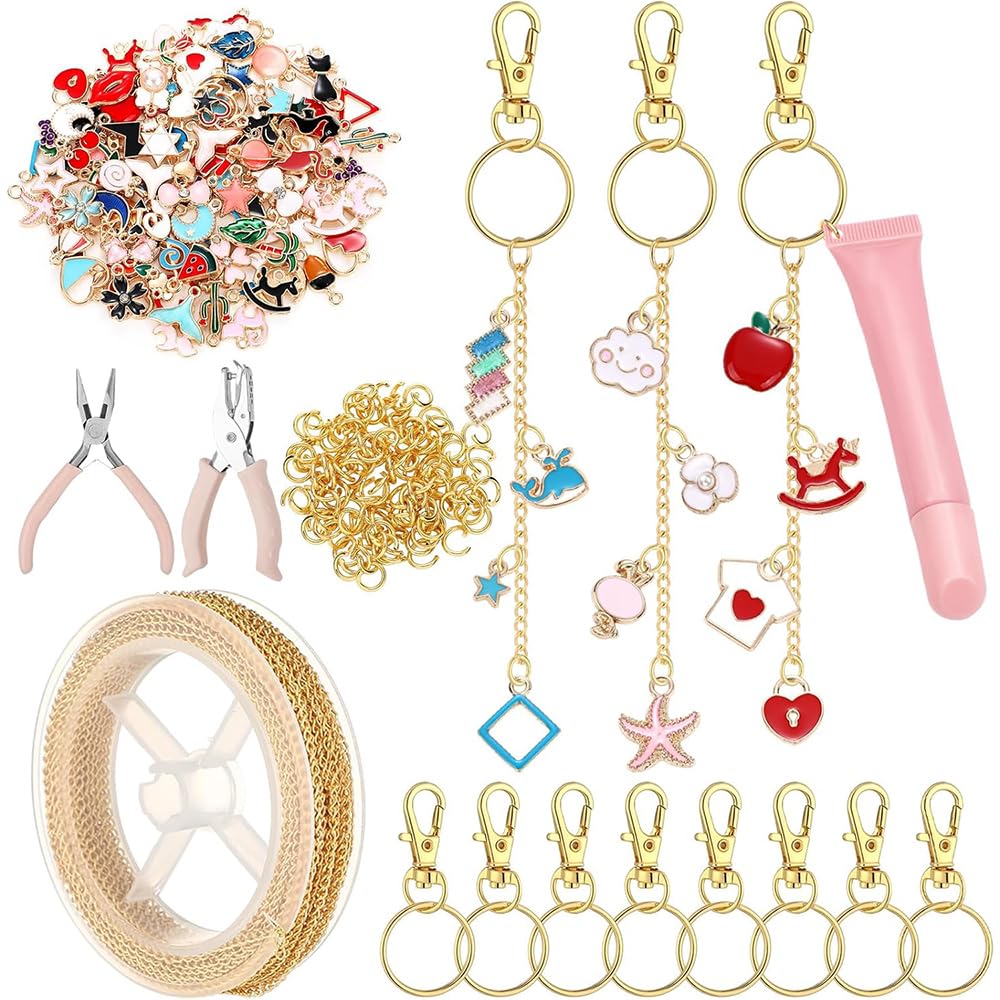 AURISSE 213-Piece Lip Gloss Keychain Making Kit with 100 Pink Enamel Charms and 32.8ft Gold Chains for DIY Crafts and Accessories (Stylish)