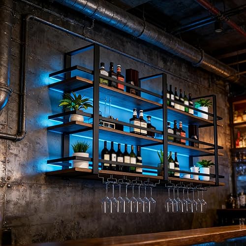 Vista 8 de Estante para vino montado en la pared con luces LED, estantes flotantes de 3 niveles de licor de metal, con estante para copas de vino, estante